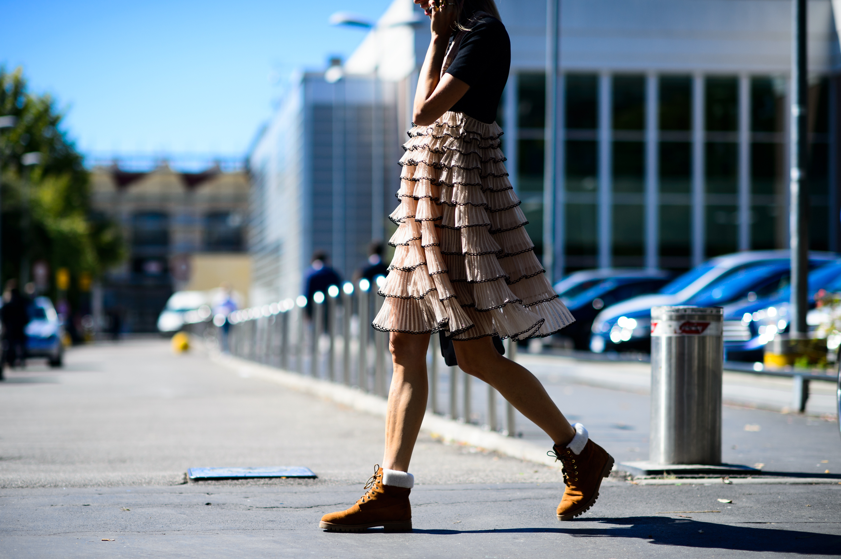 German girl wearing dress with hiking boots
