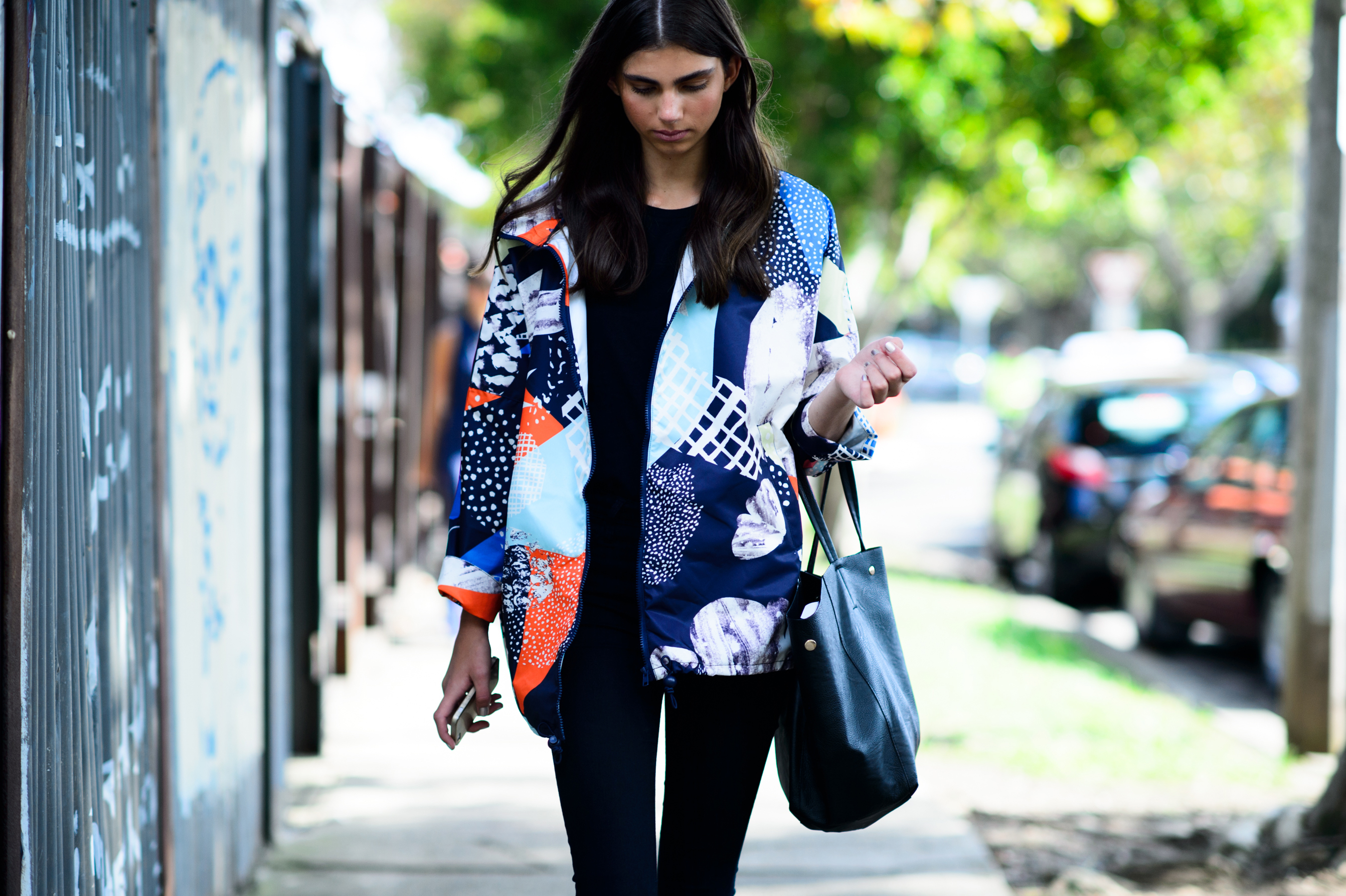 Model wearing colorful jacket