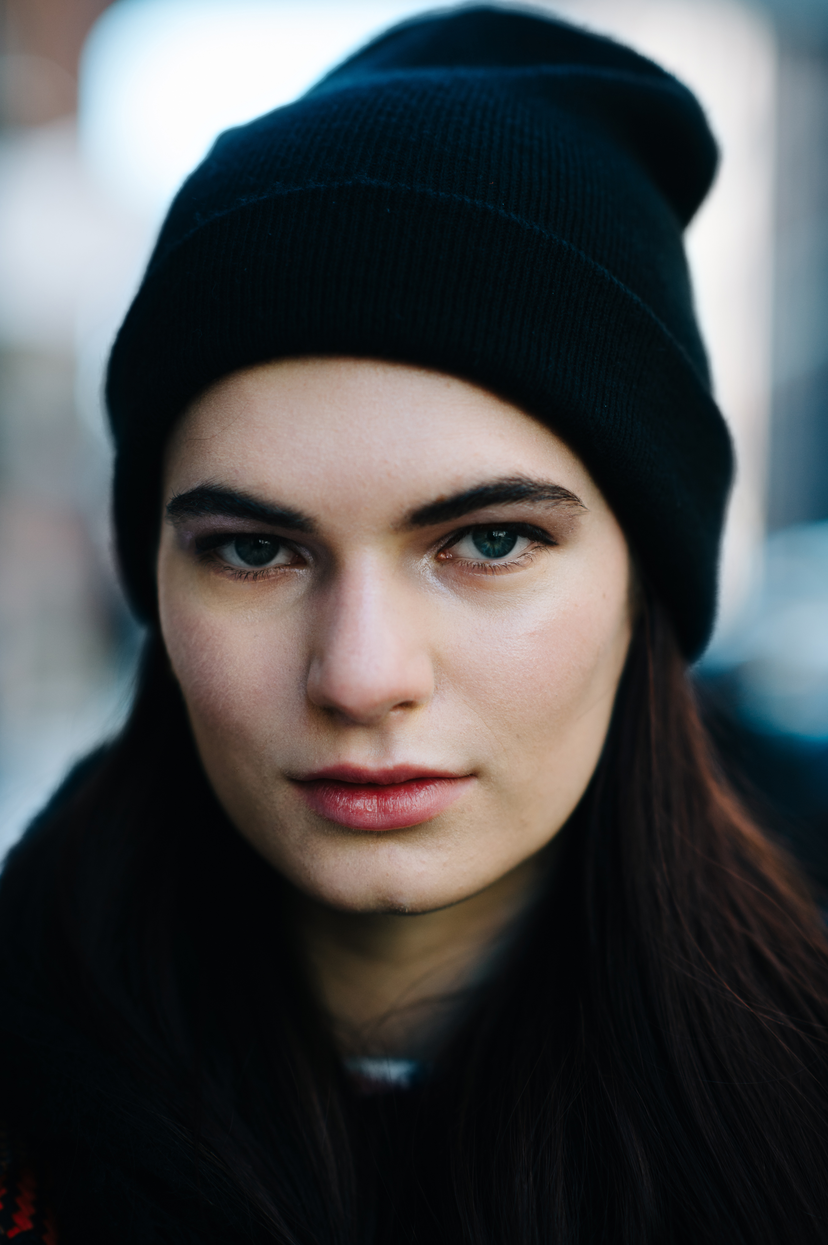 Portrait of a model wearing black beanie