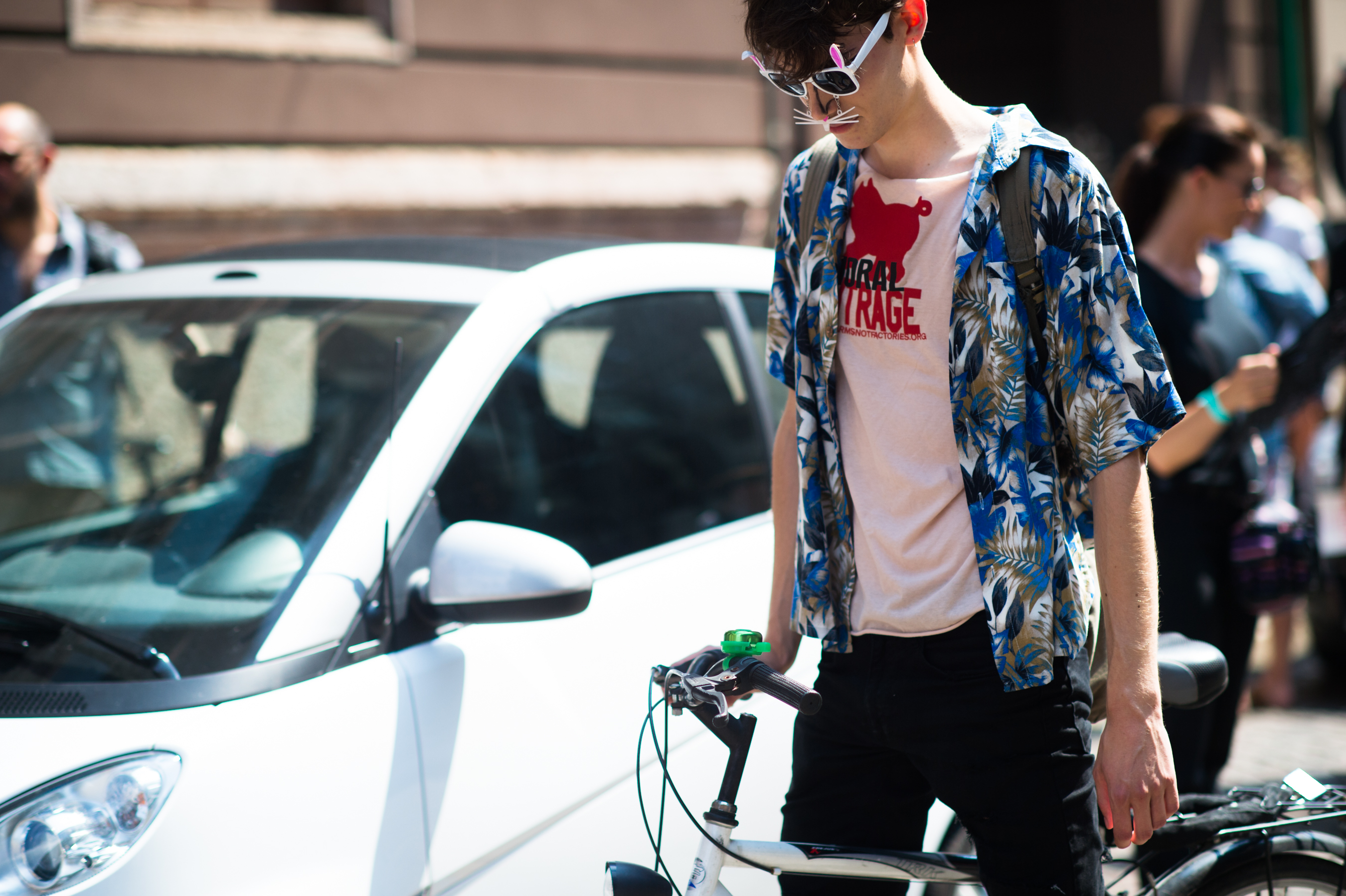Male model wearing glasses with rabbit and Hawaii shirt