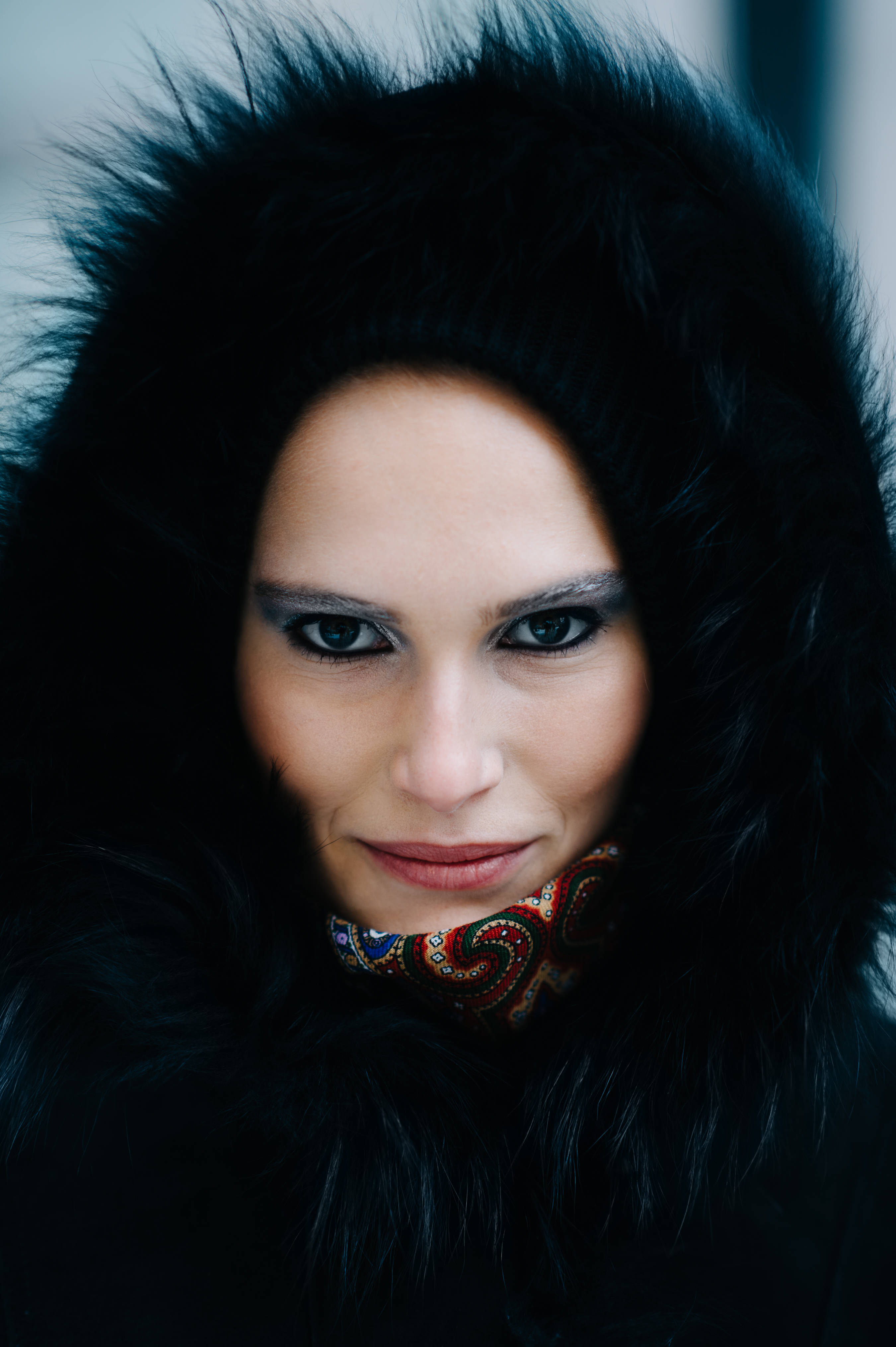 Portrait of a Ukrainian top model wearing furry hood