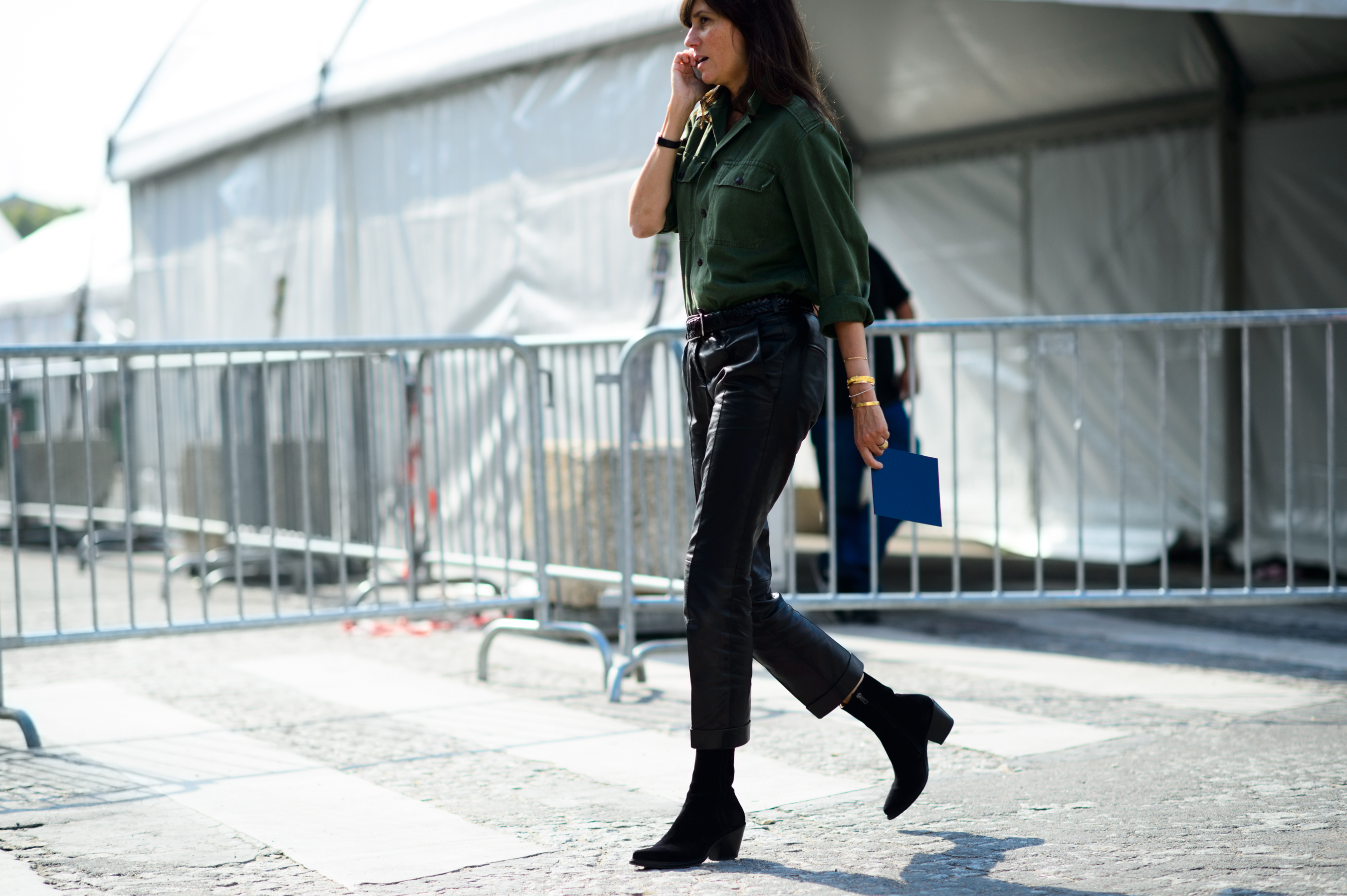 French Vogue editor wearing leather pants