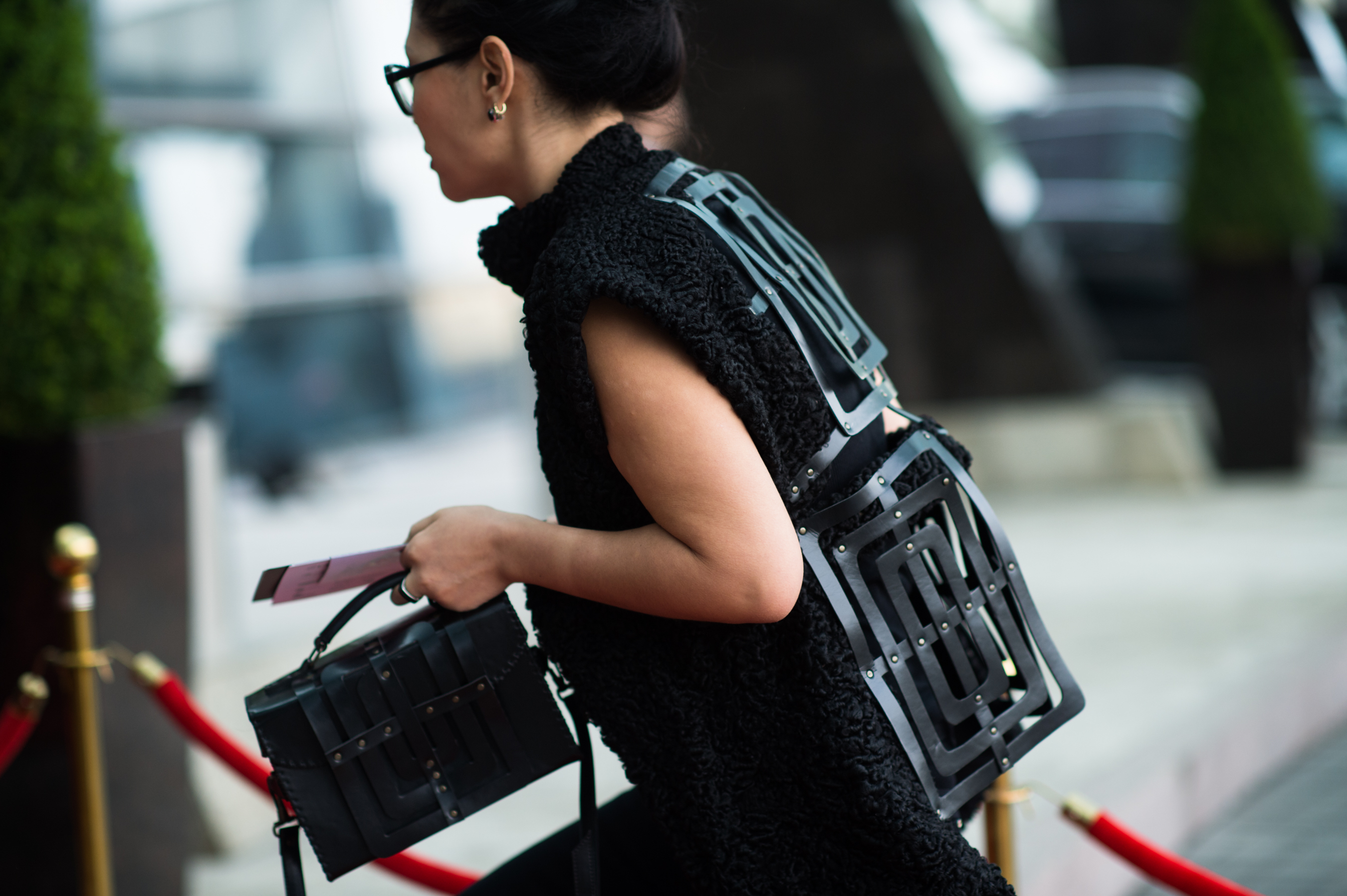 Woman wearing leather detail outfit