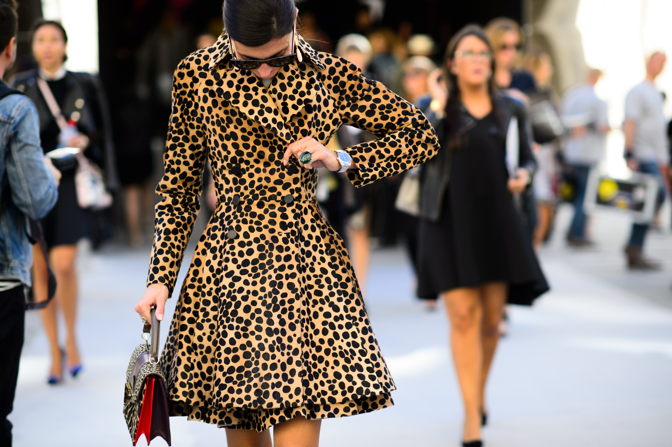 Italian stylist wearing animal print coat