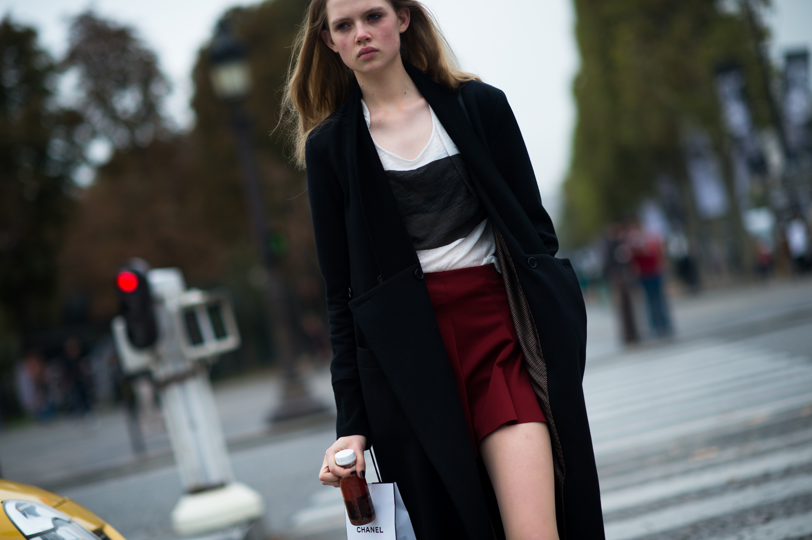 Model wearing mini skirt after the show
