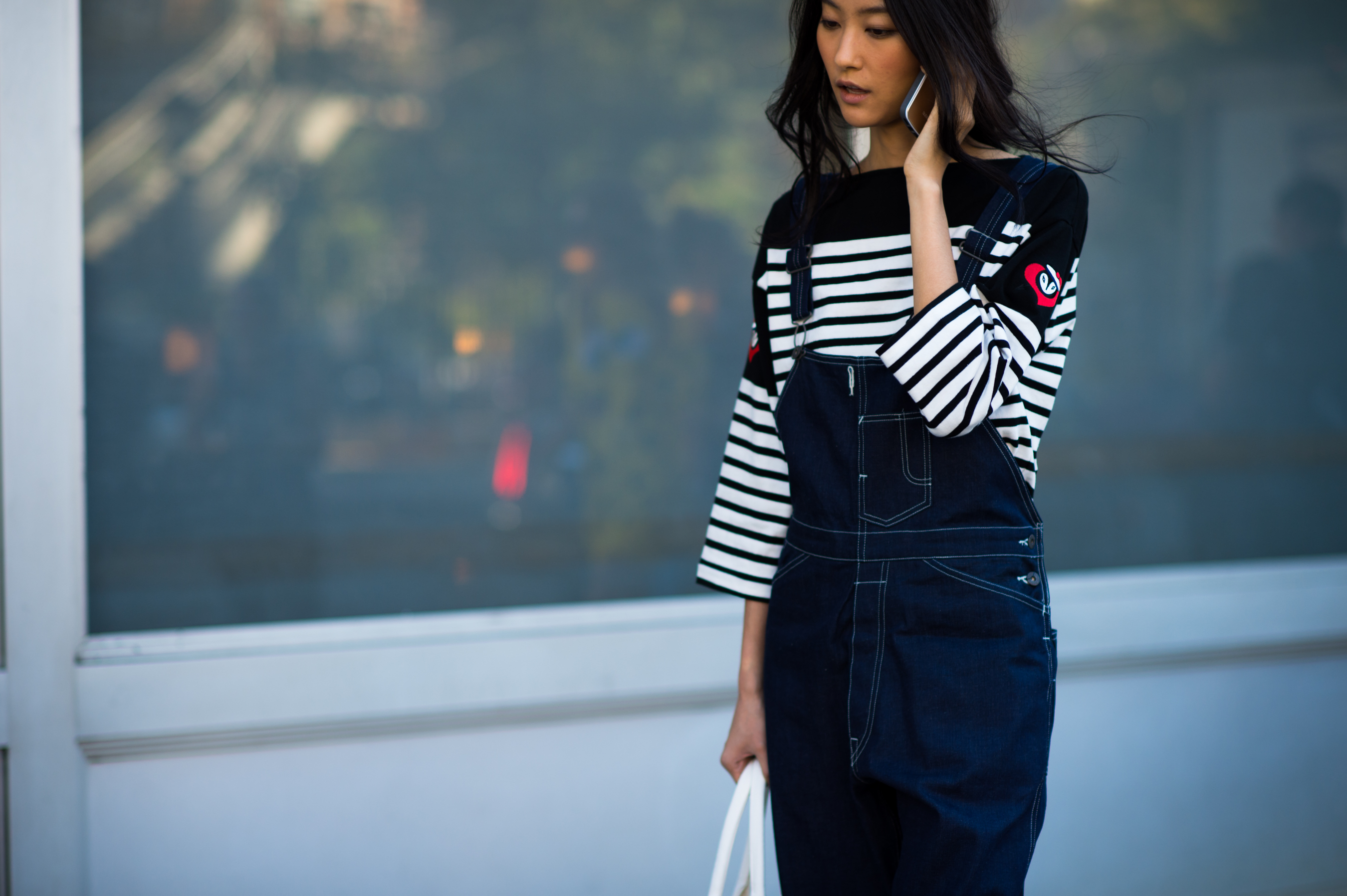 Korean model wearing denim jumpsuit
