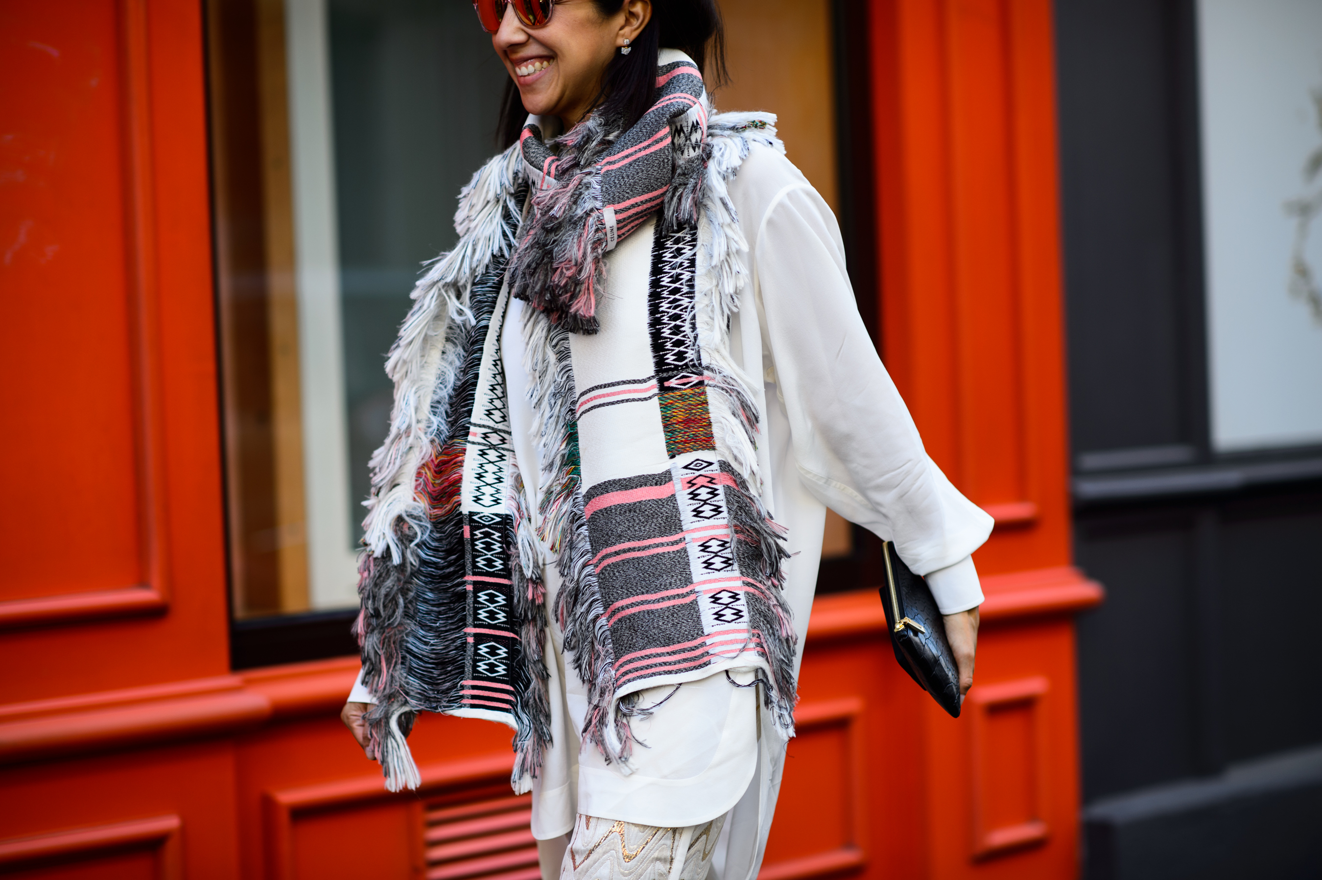 Woman wearing ethnic print scarf