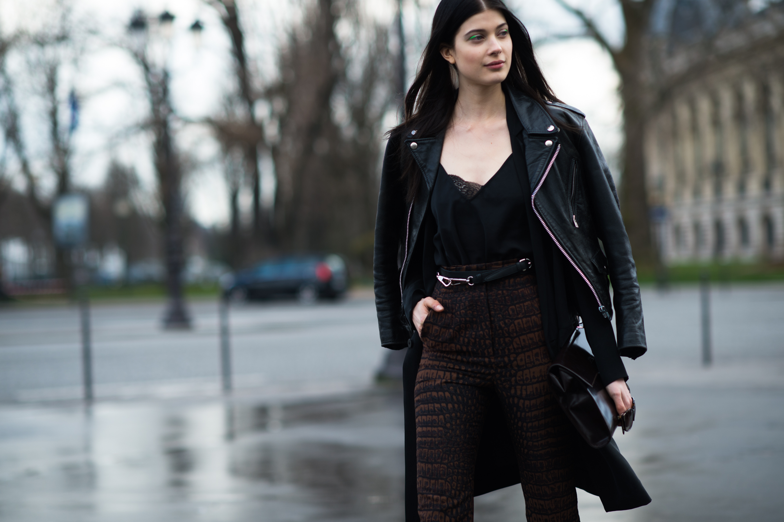 German model wearing leather jacket