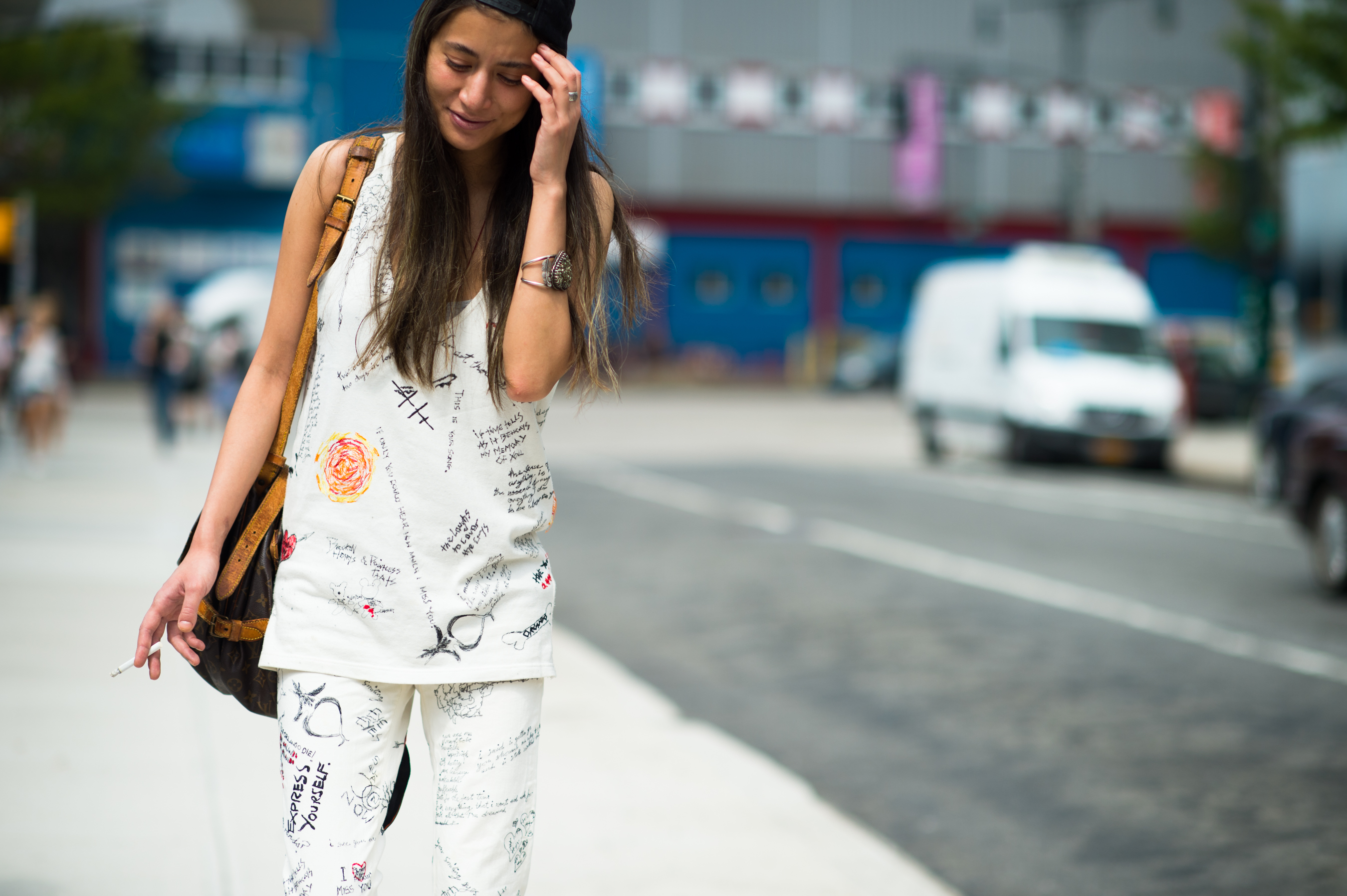Woman wearing hand printed suit
