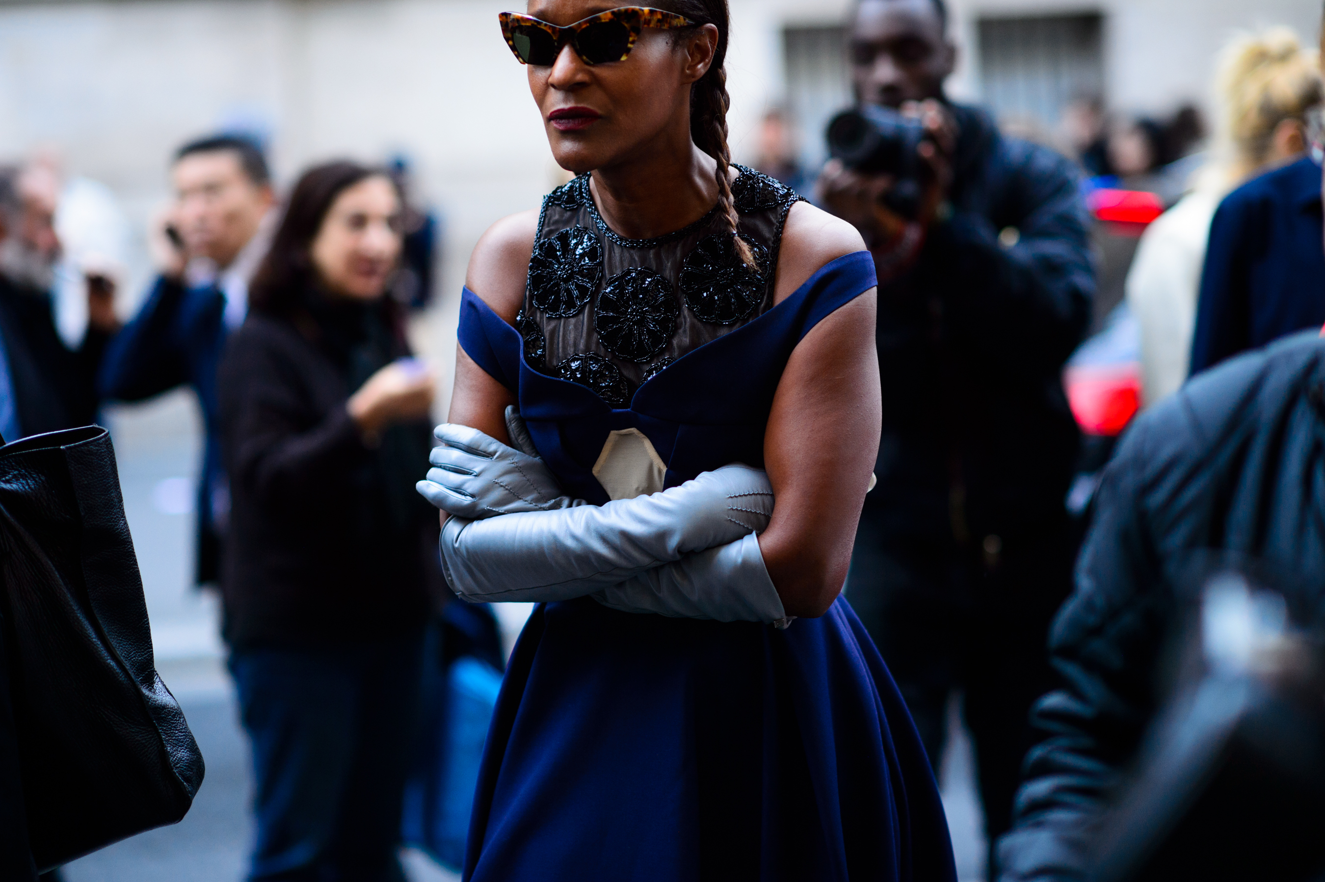 Woman wearing blue embroidered dress