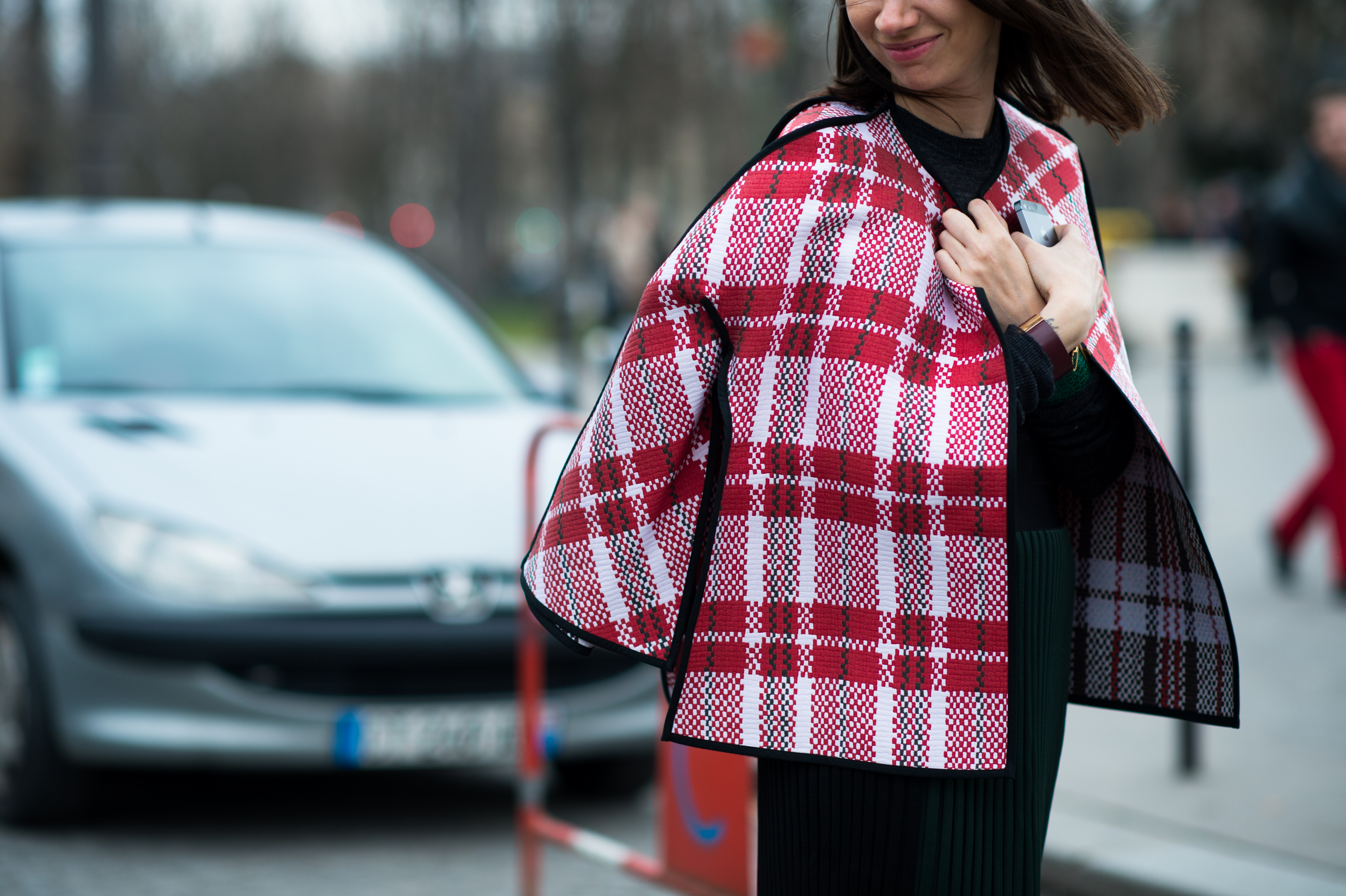 Russian stylist and buyer wearing Celine tartan jacket