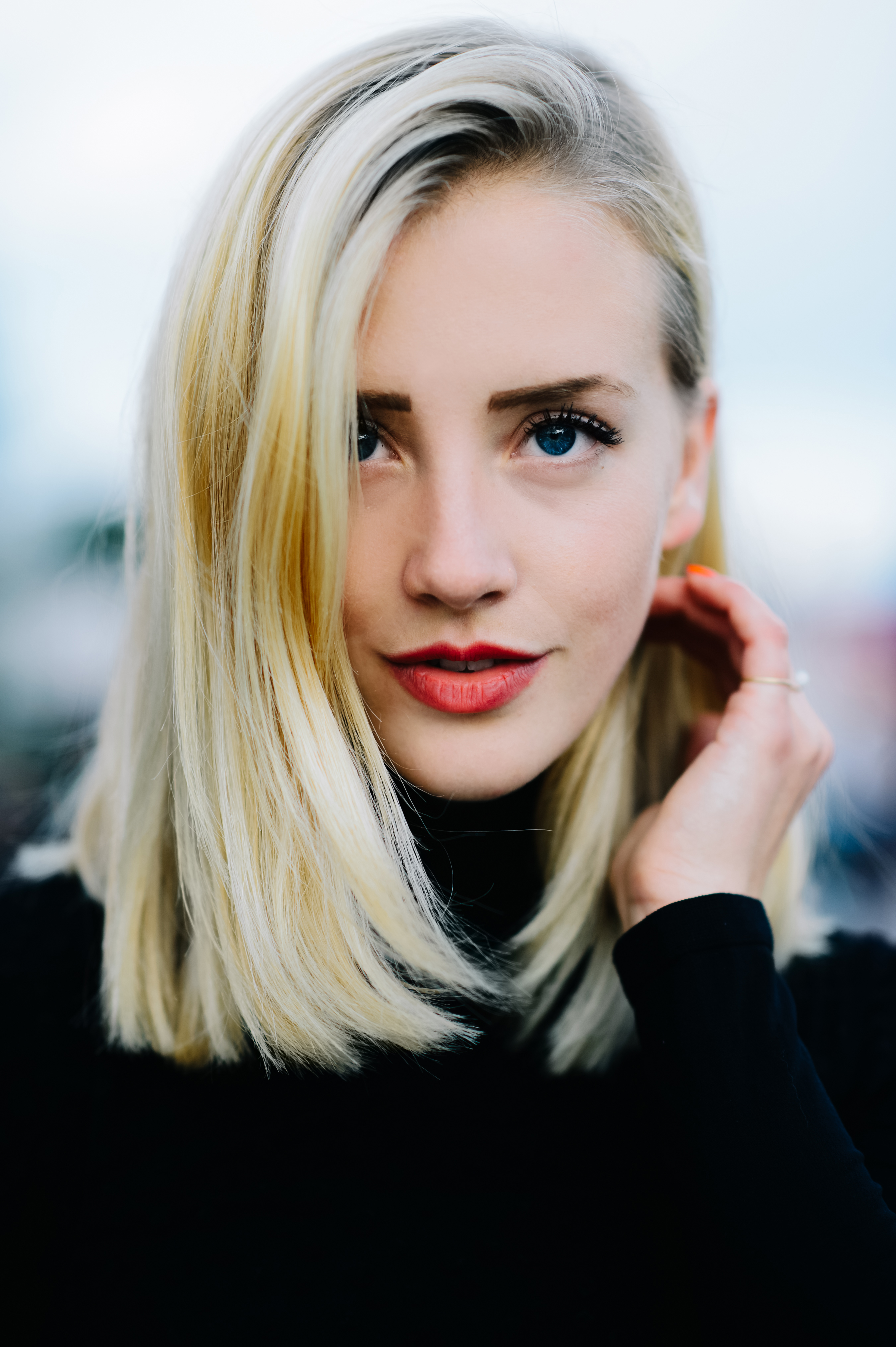 Portrait of a blonde woman with blue eyes