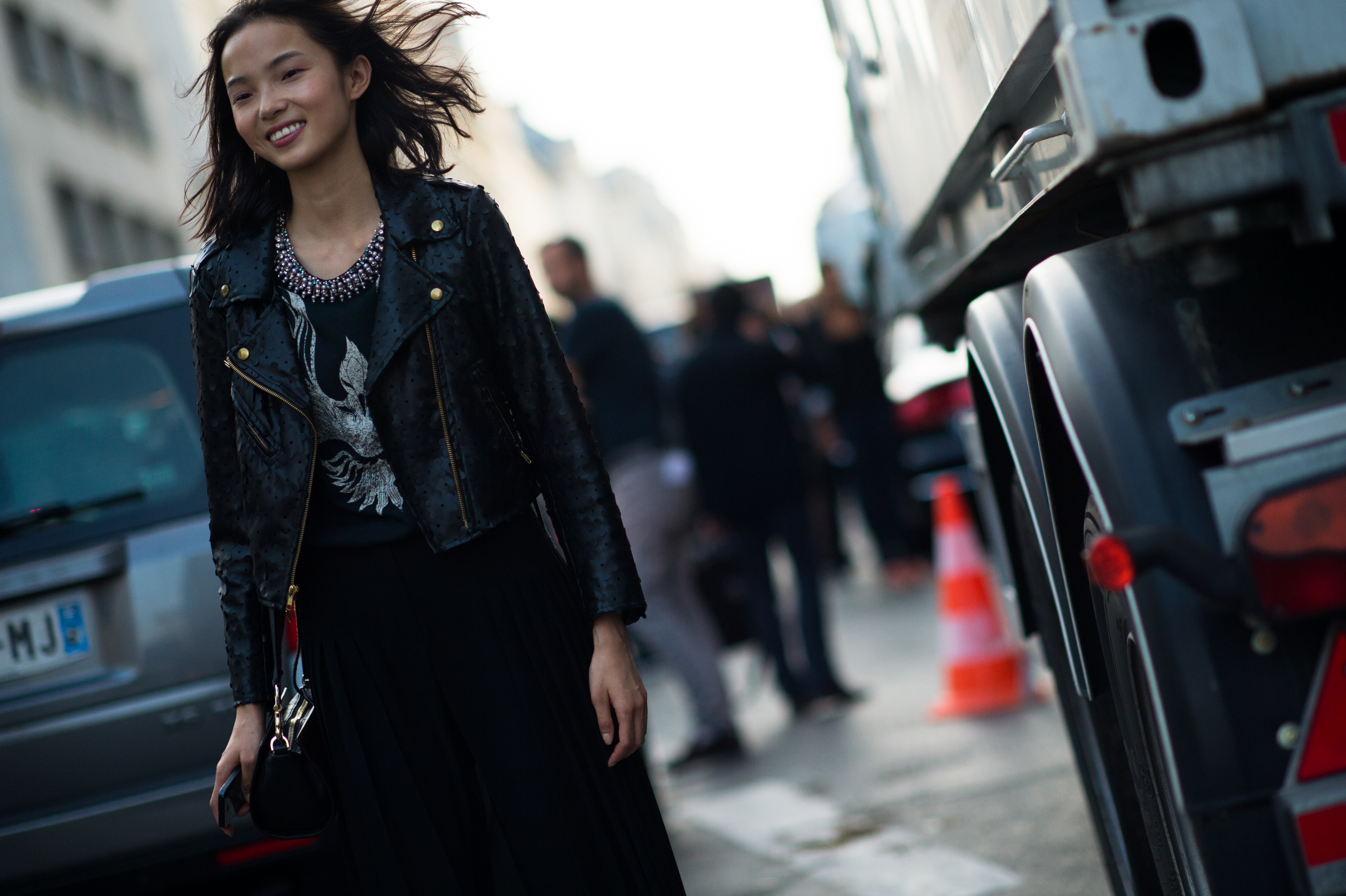 Chinese model wearing leather jacket