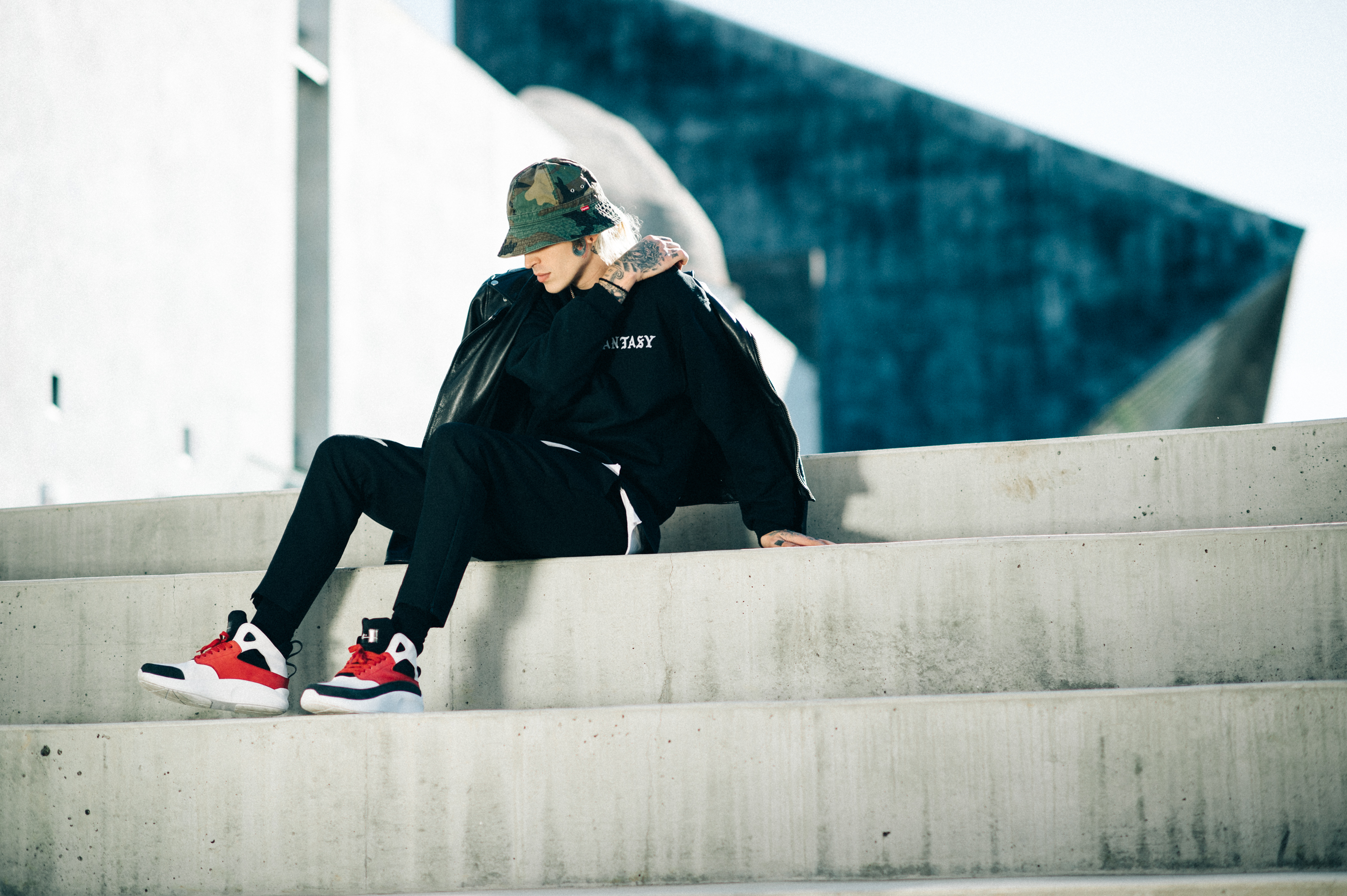 American male model wearing bucket hat