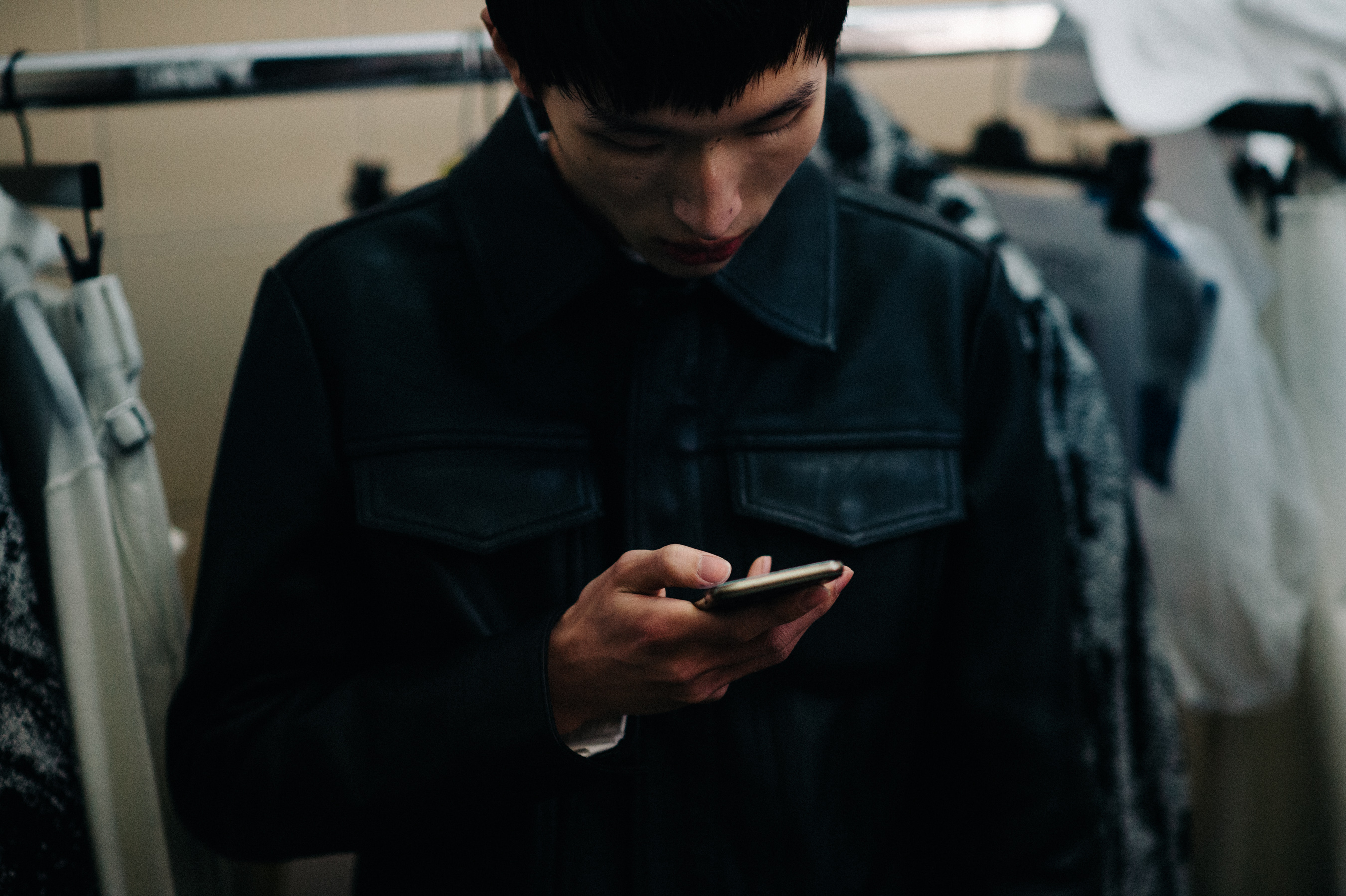 Asian male model leather shirt
