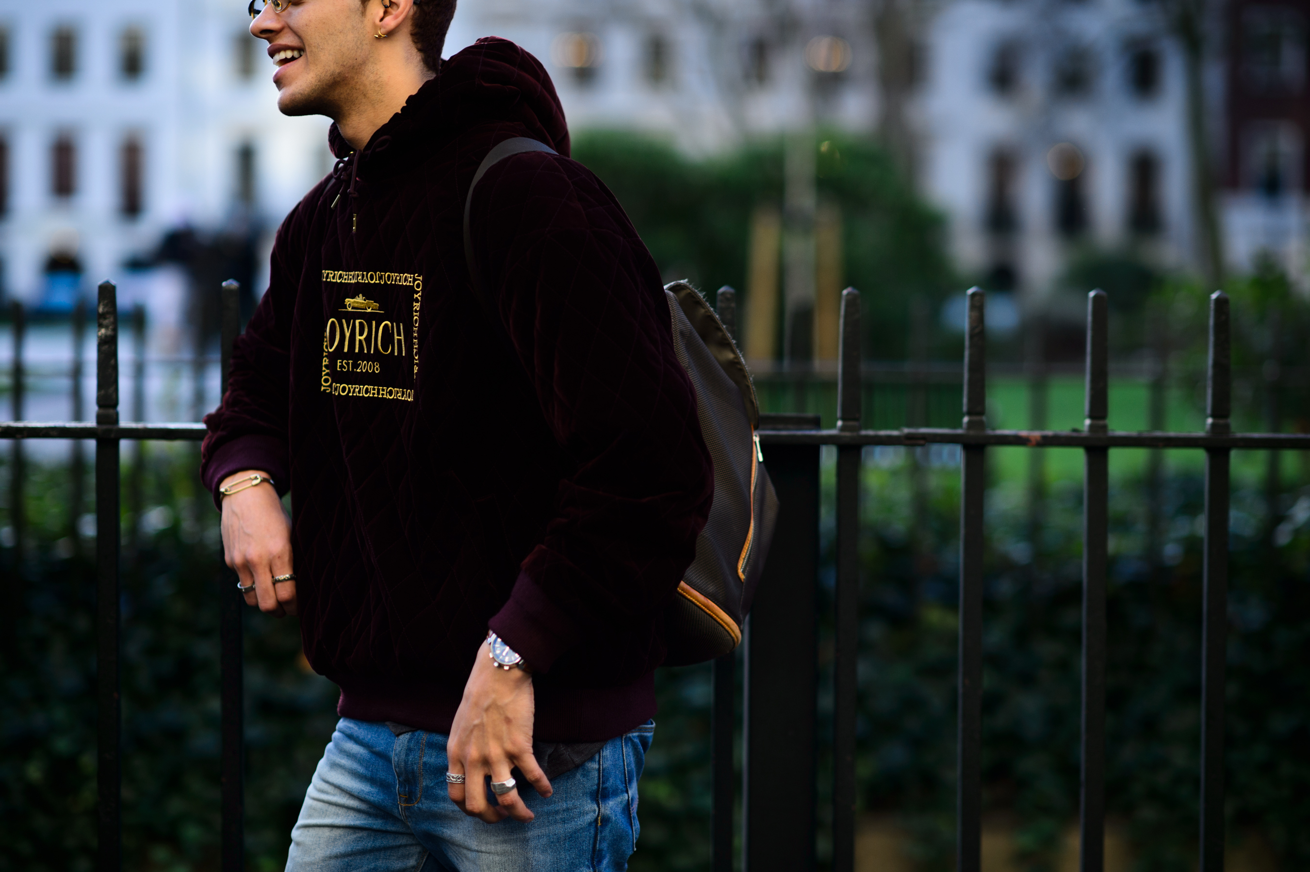 Man wearing velvet hoodie