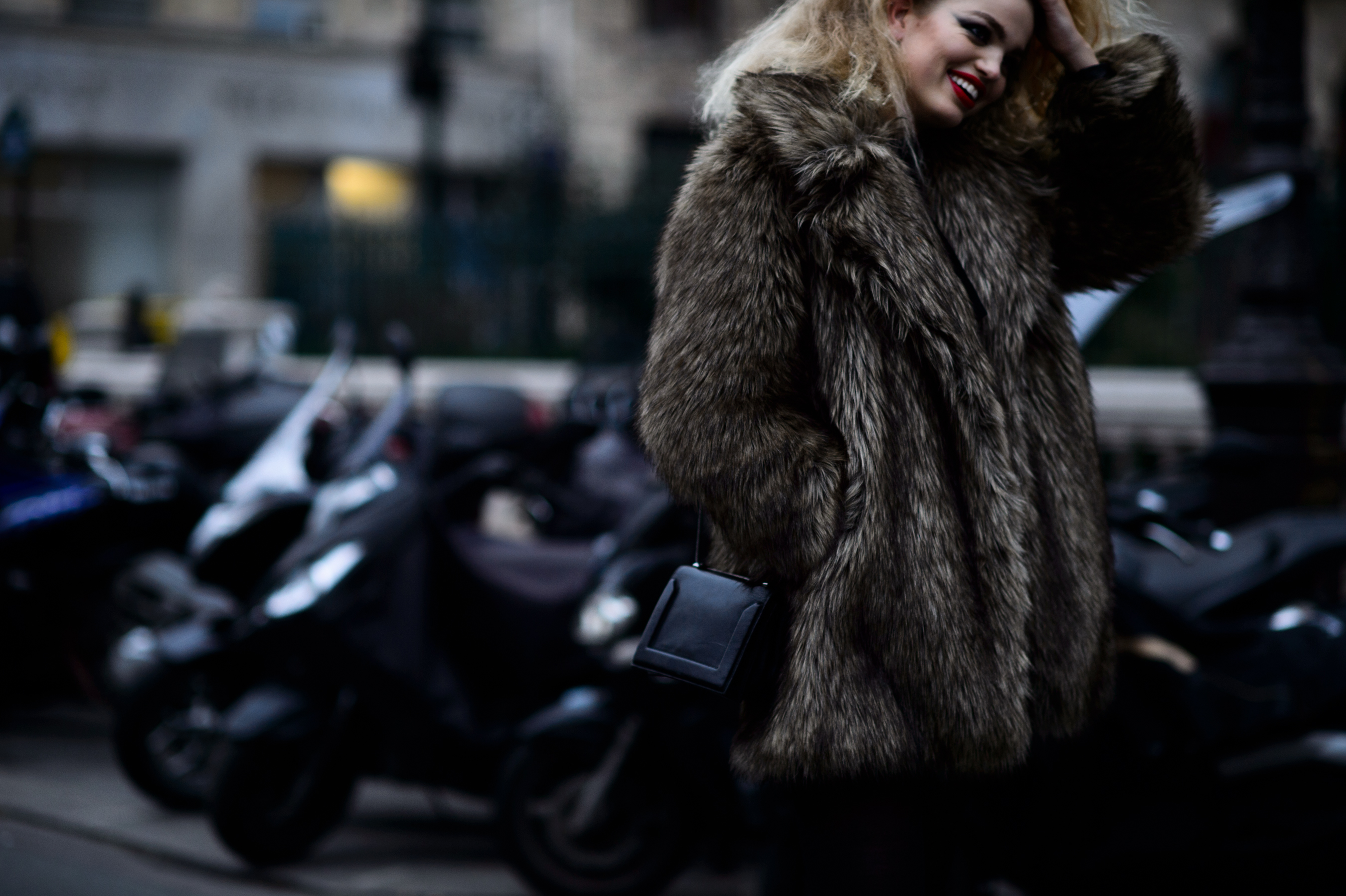 Model wearing fur coat