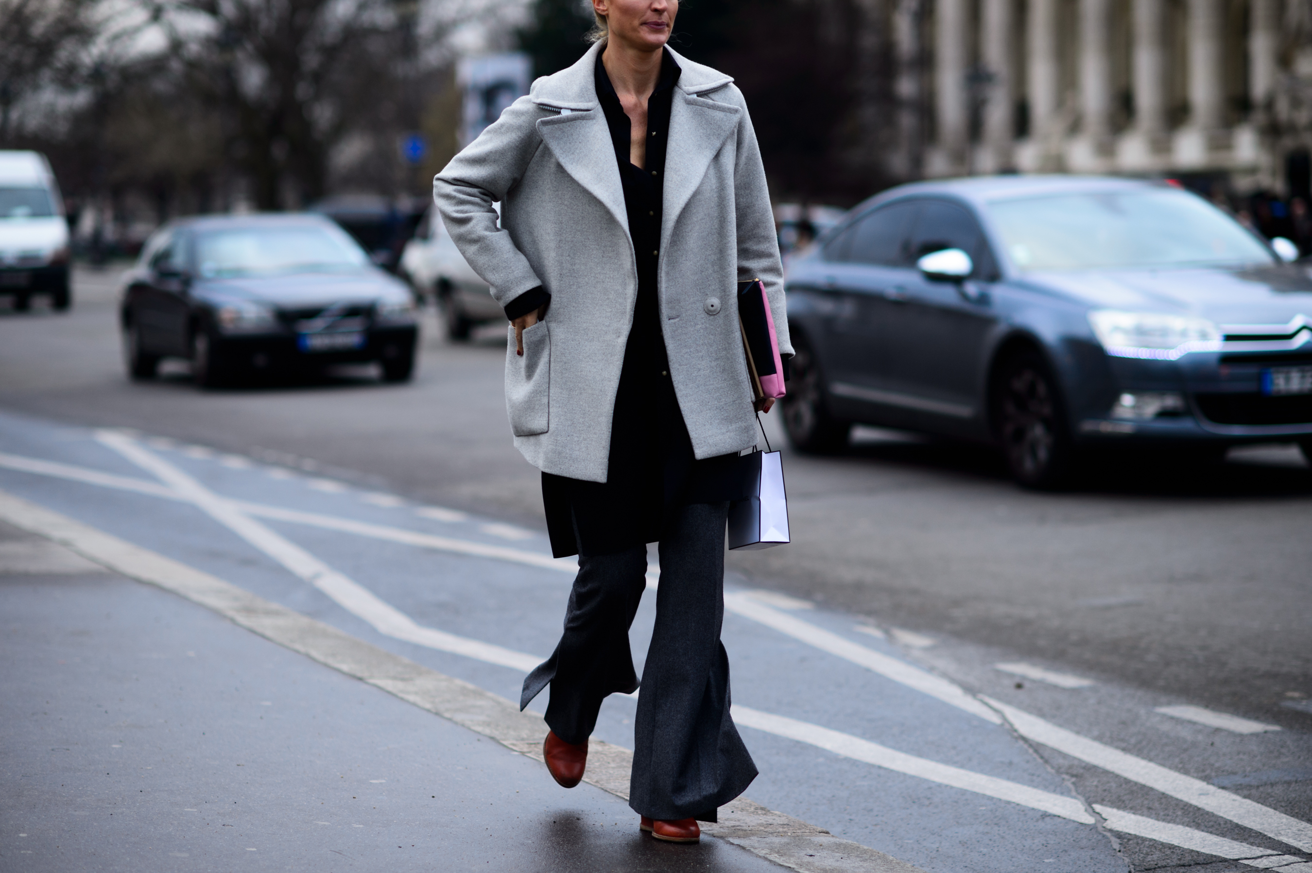 Woman wearing grey coat