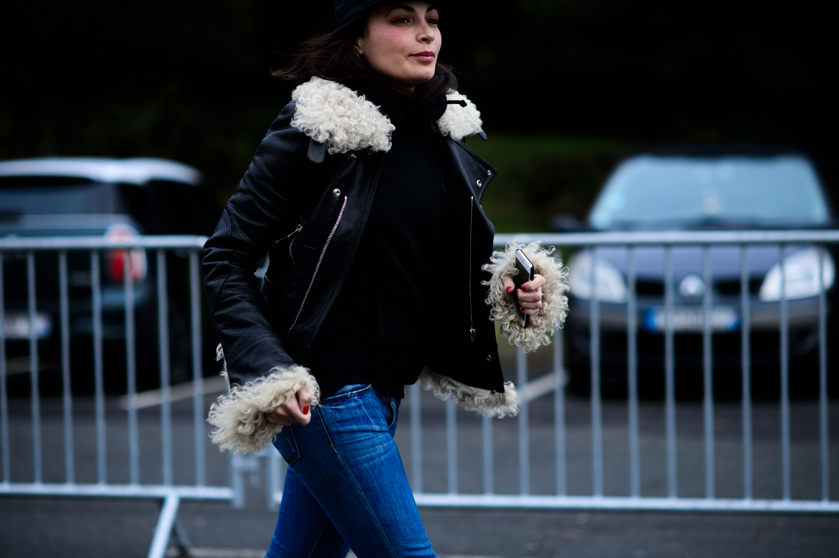 Woman wearing leather jacket