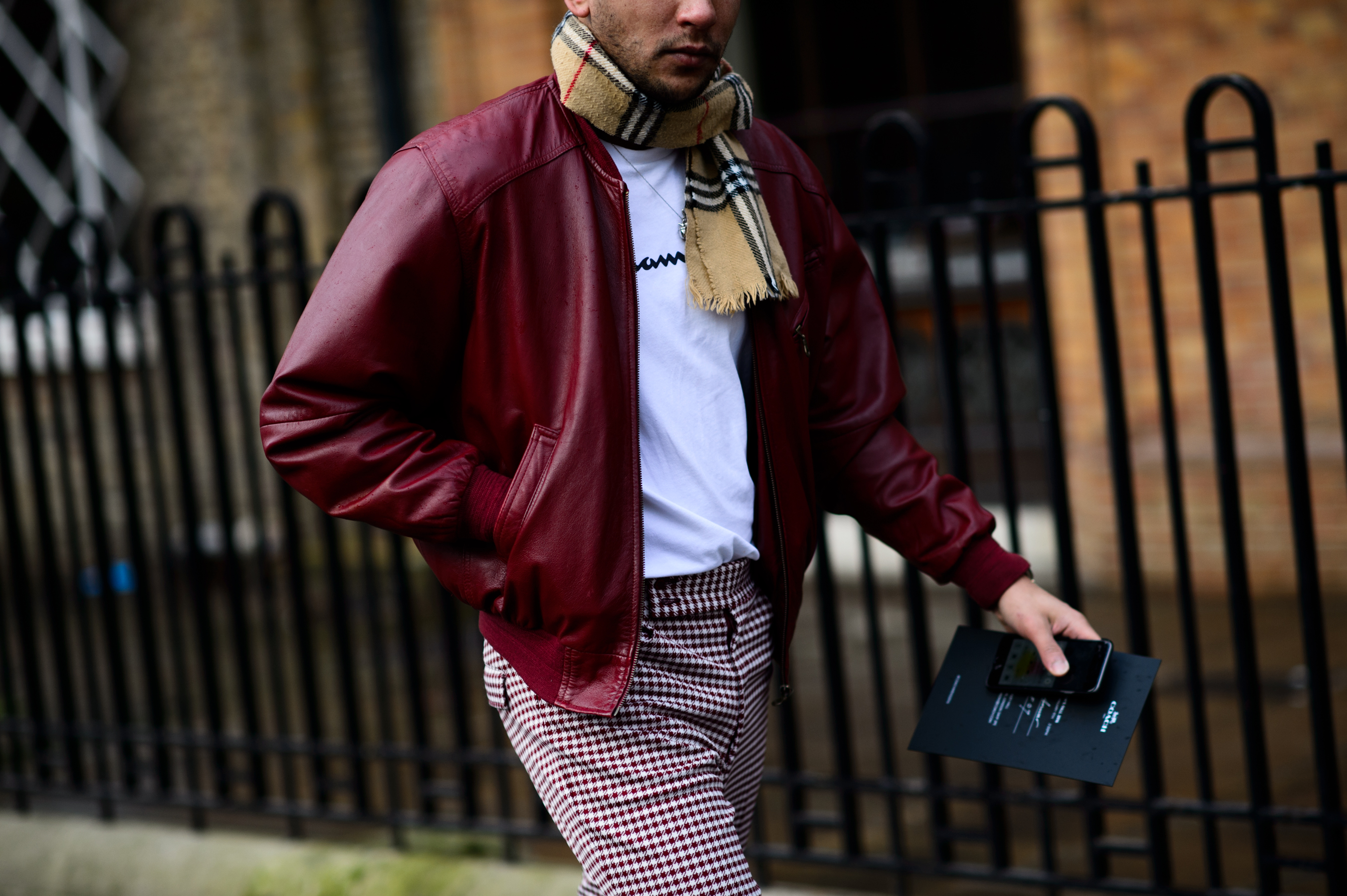 Man red leather jacket Burberry scarf