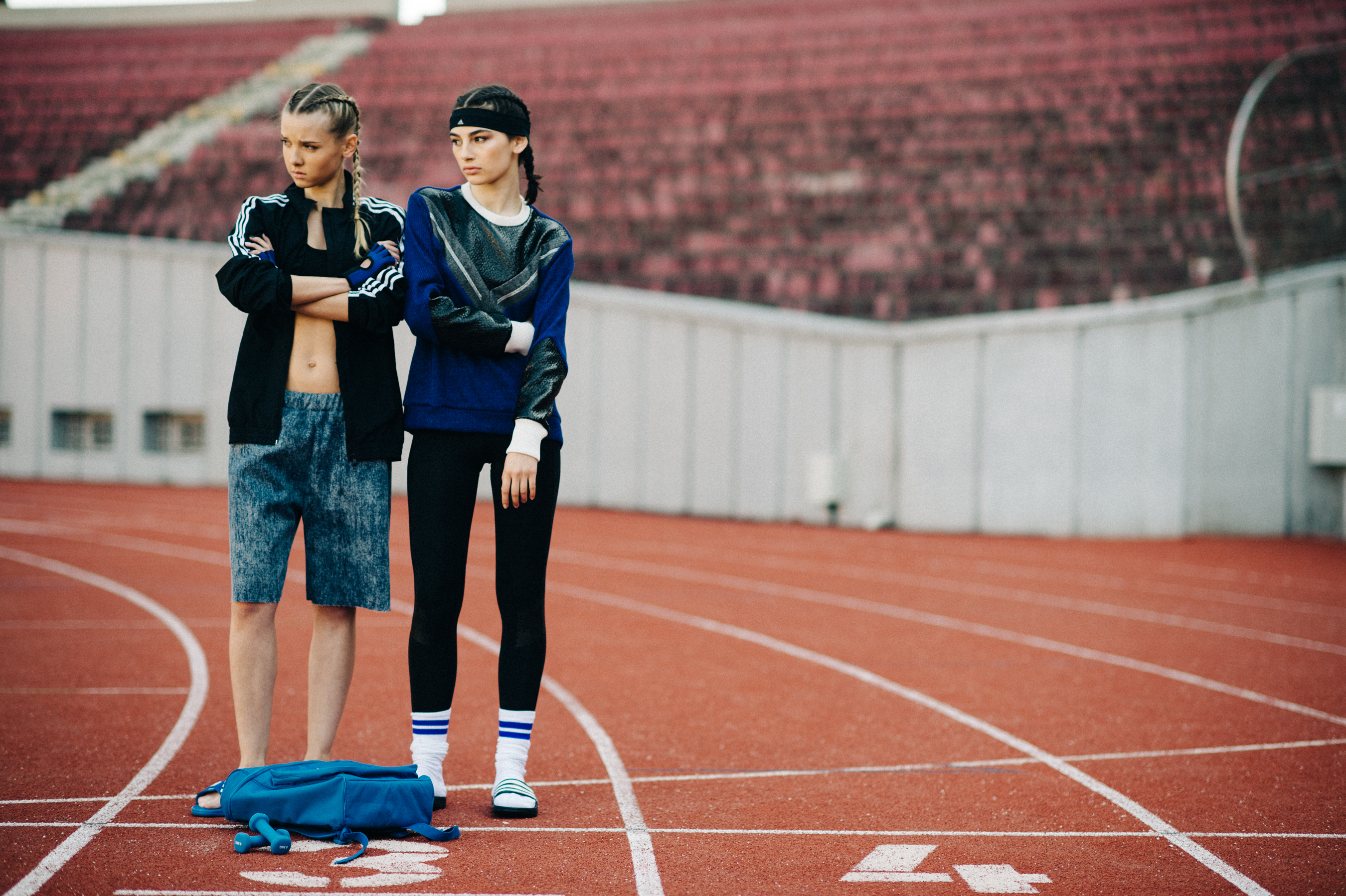 Two models on sport stadium