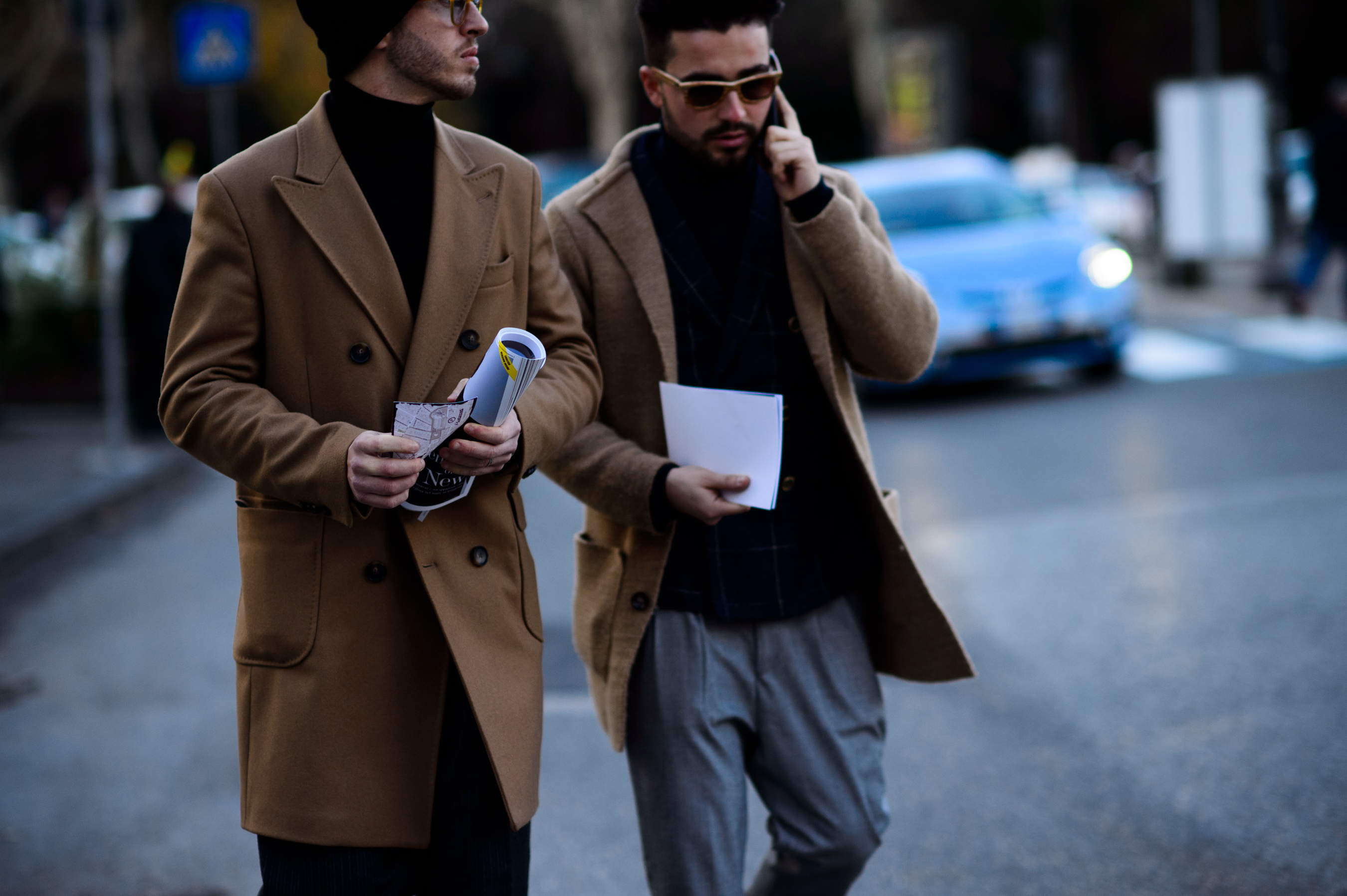 Two men wearing camel jackets