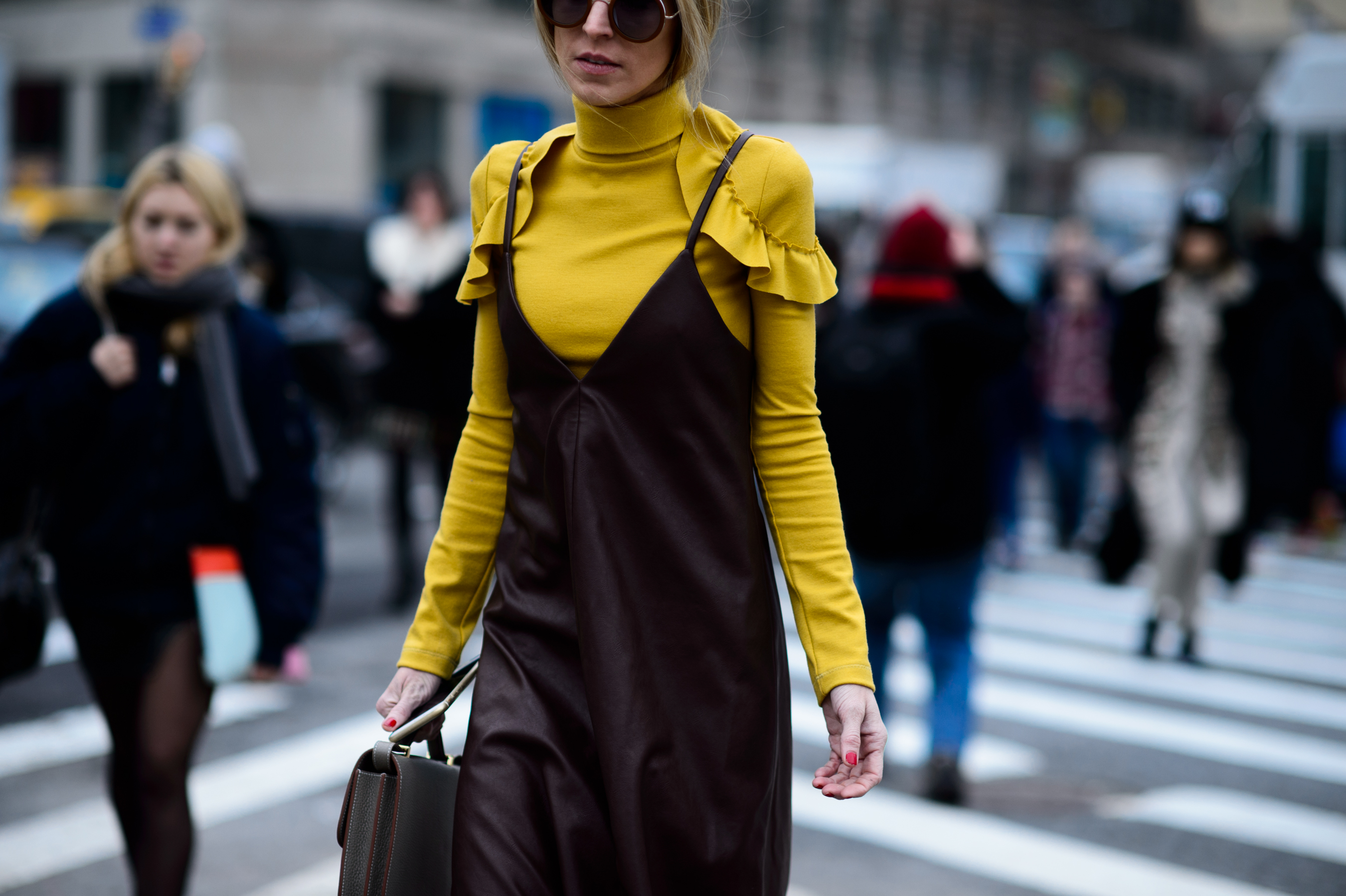 Woman wearing leather dress