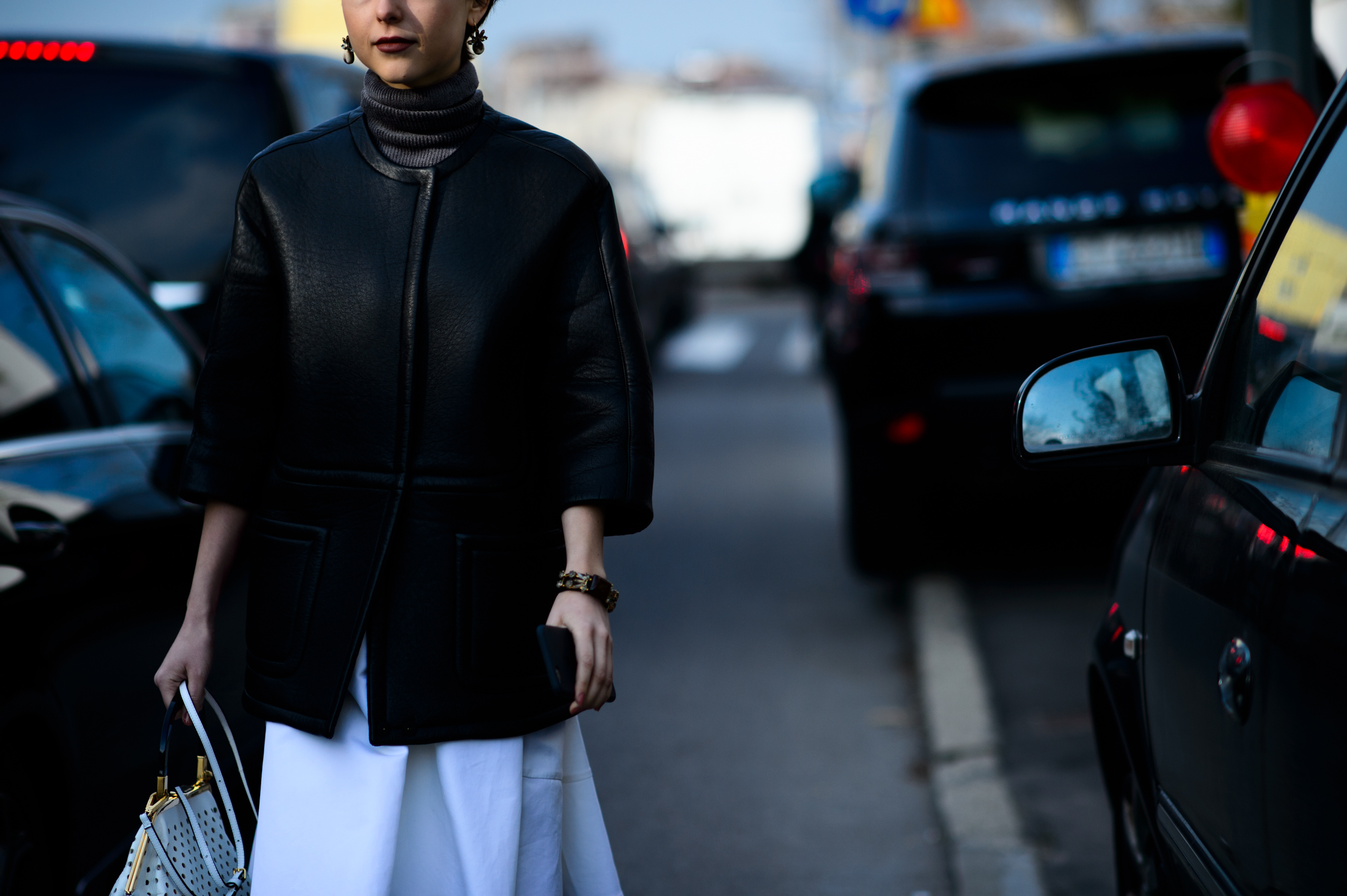 Woman wearing leather jacket