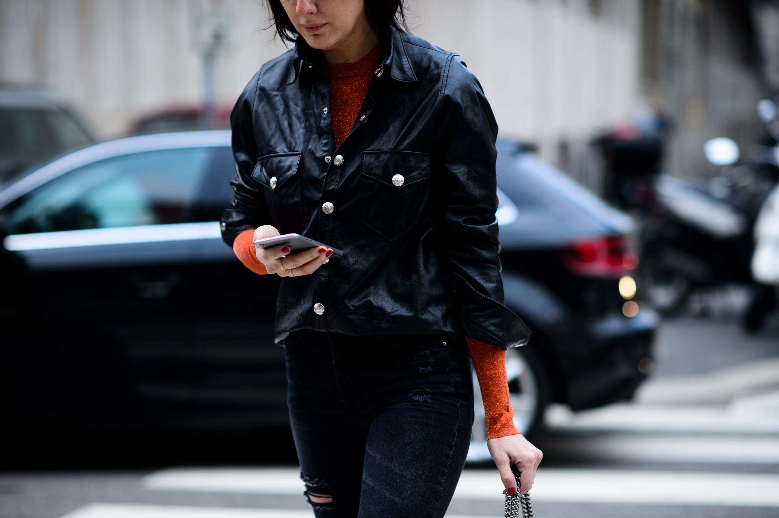 Woman wearing leather shirt