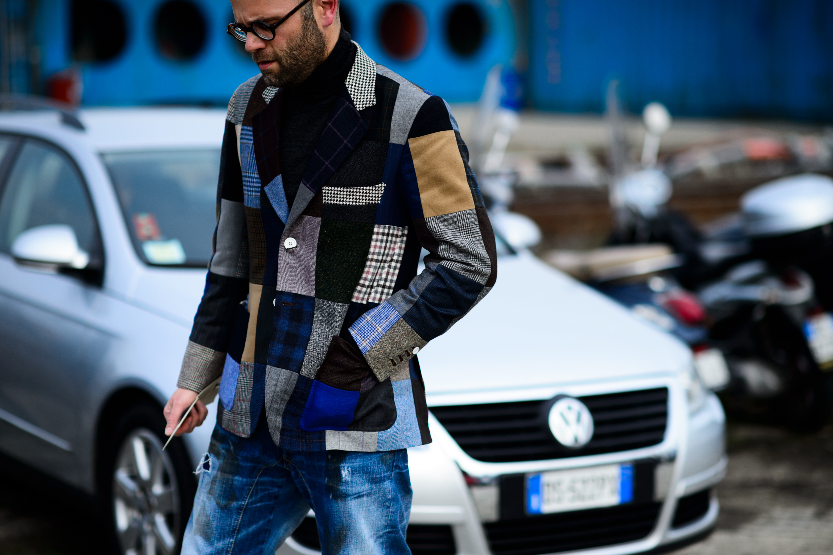 Fashion journalist wearing patchwork jacket