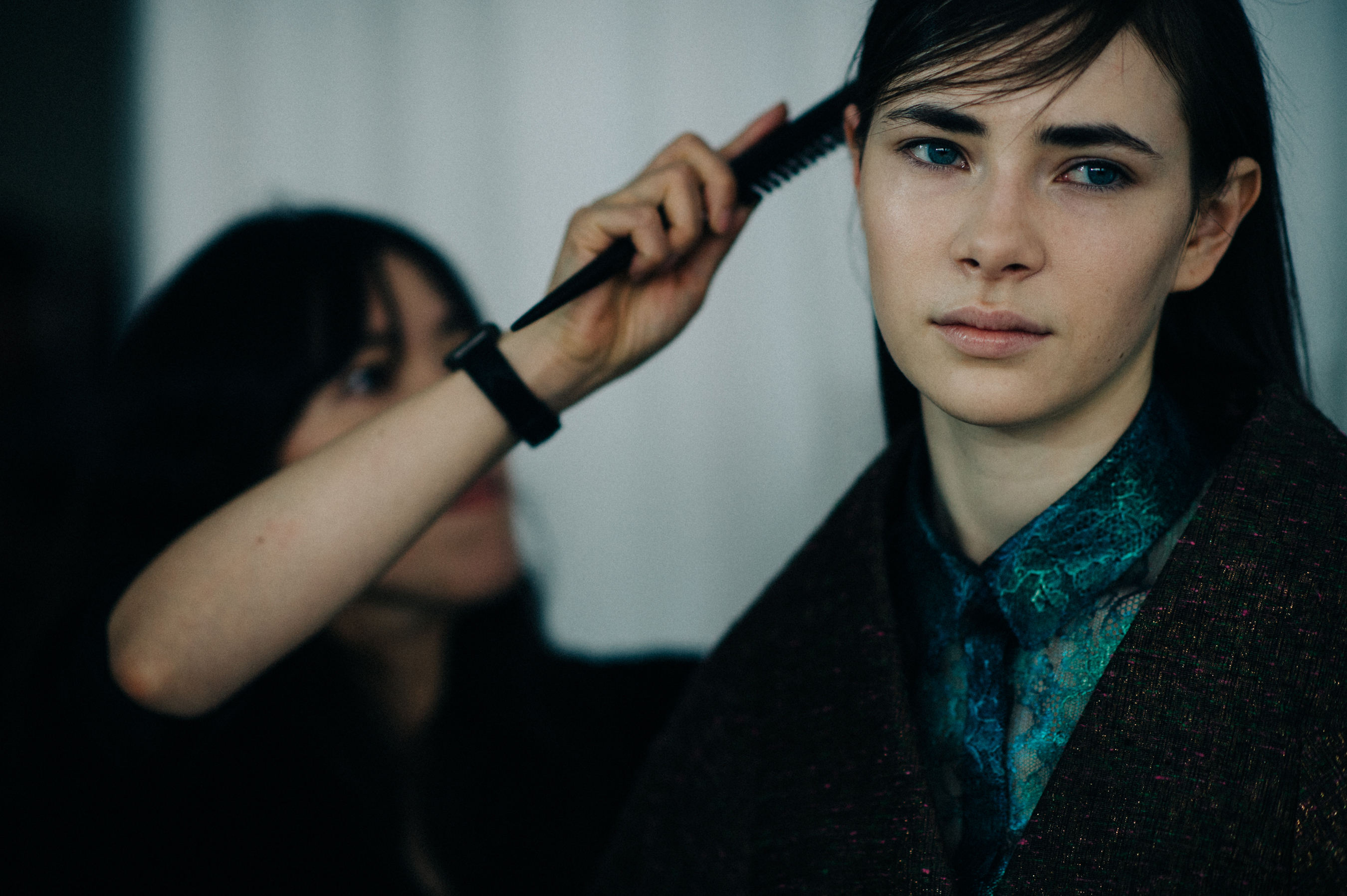 Model with blue eyes hair done