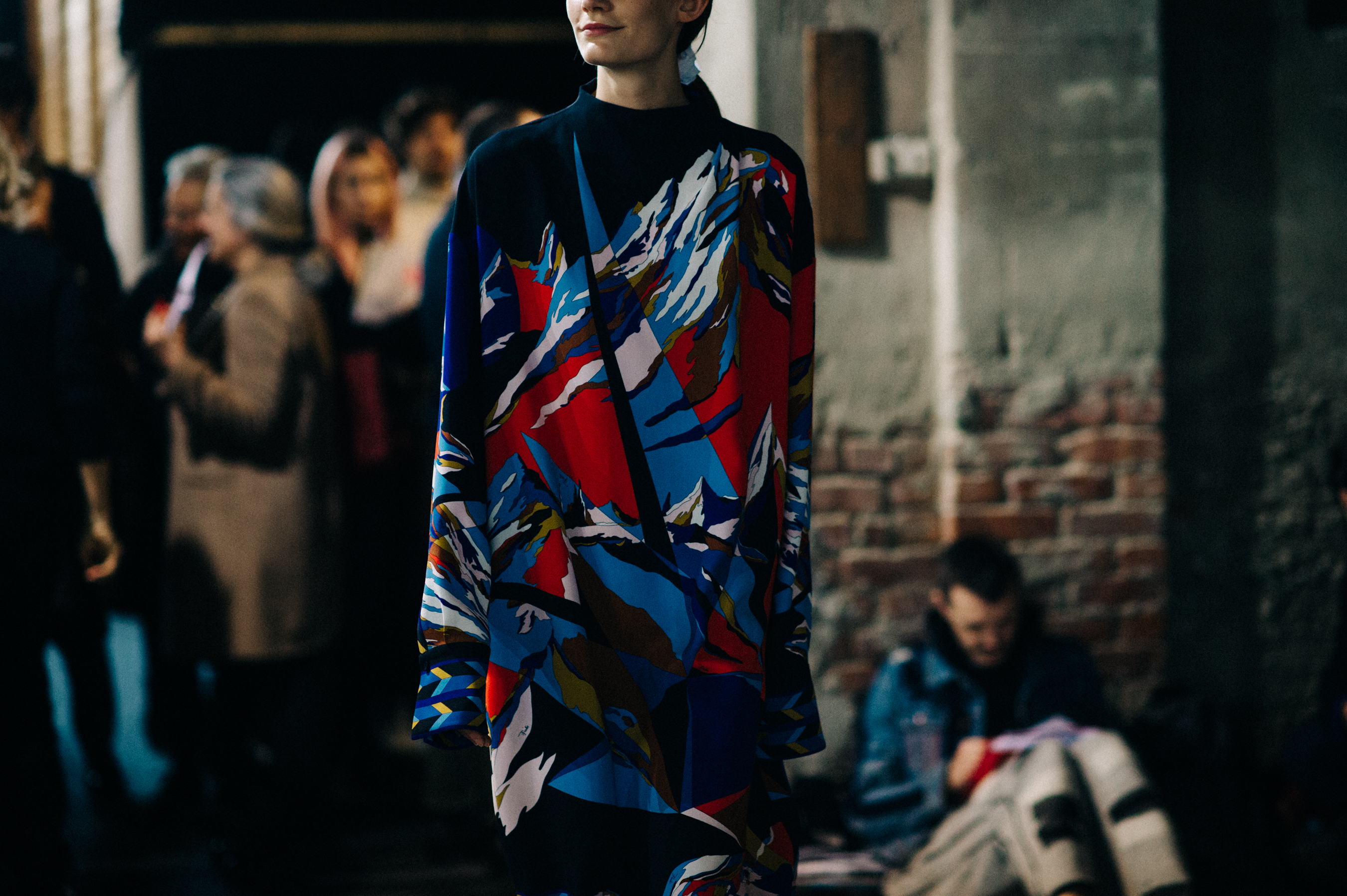 Model wearing mountain print dress