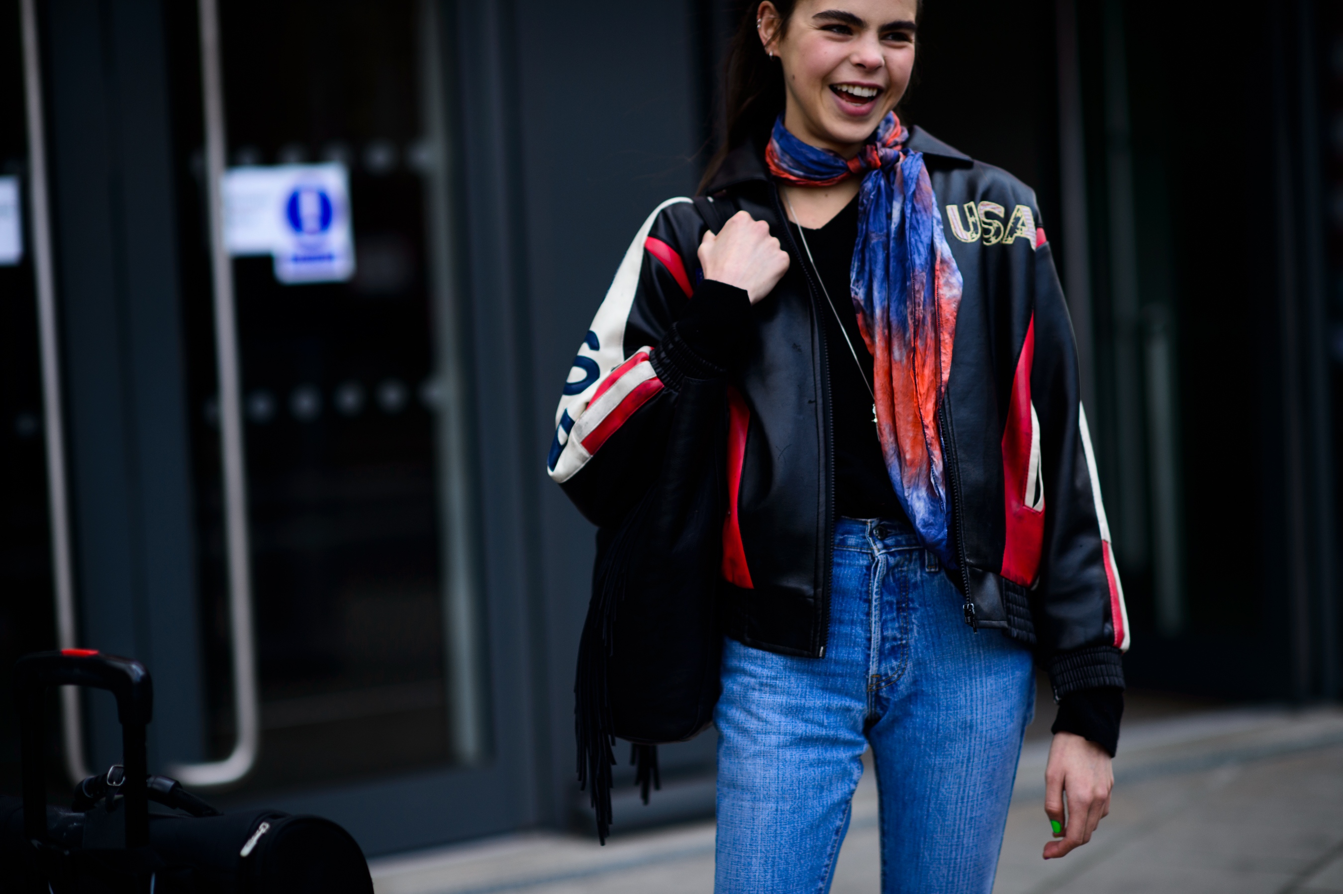 Model wearing USA jacket