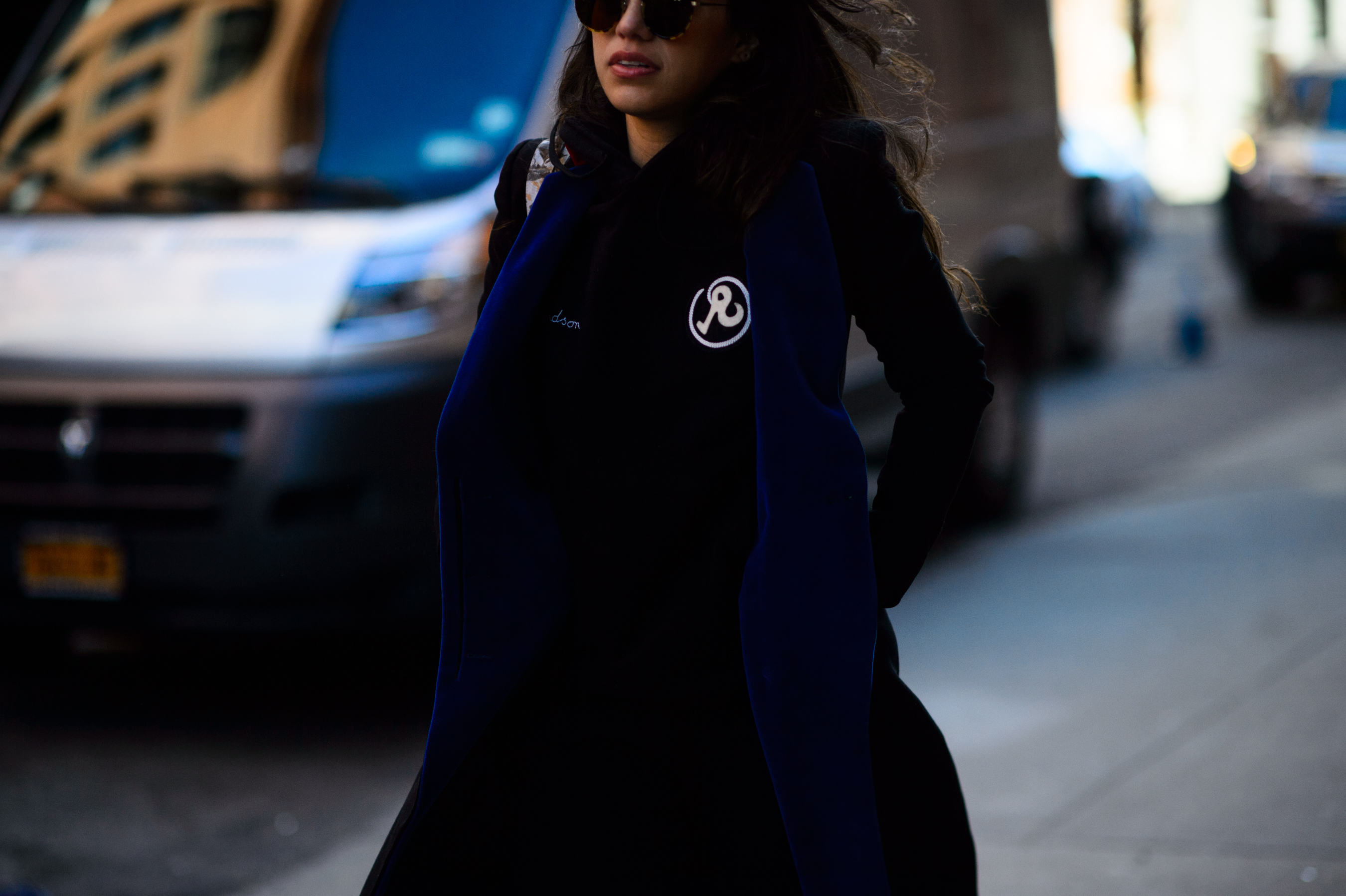 Woman wearing blue coat