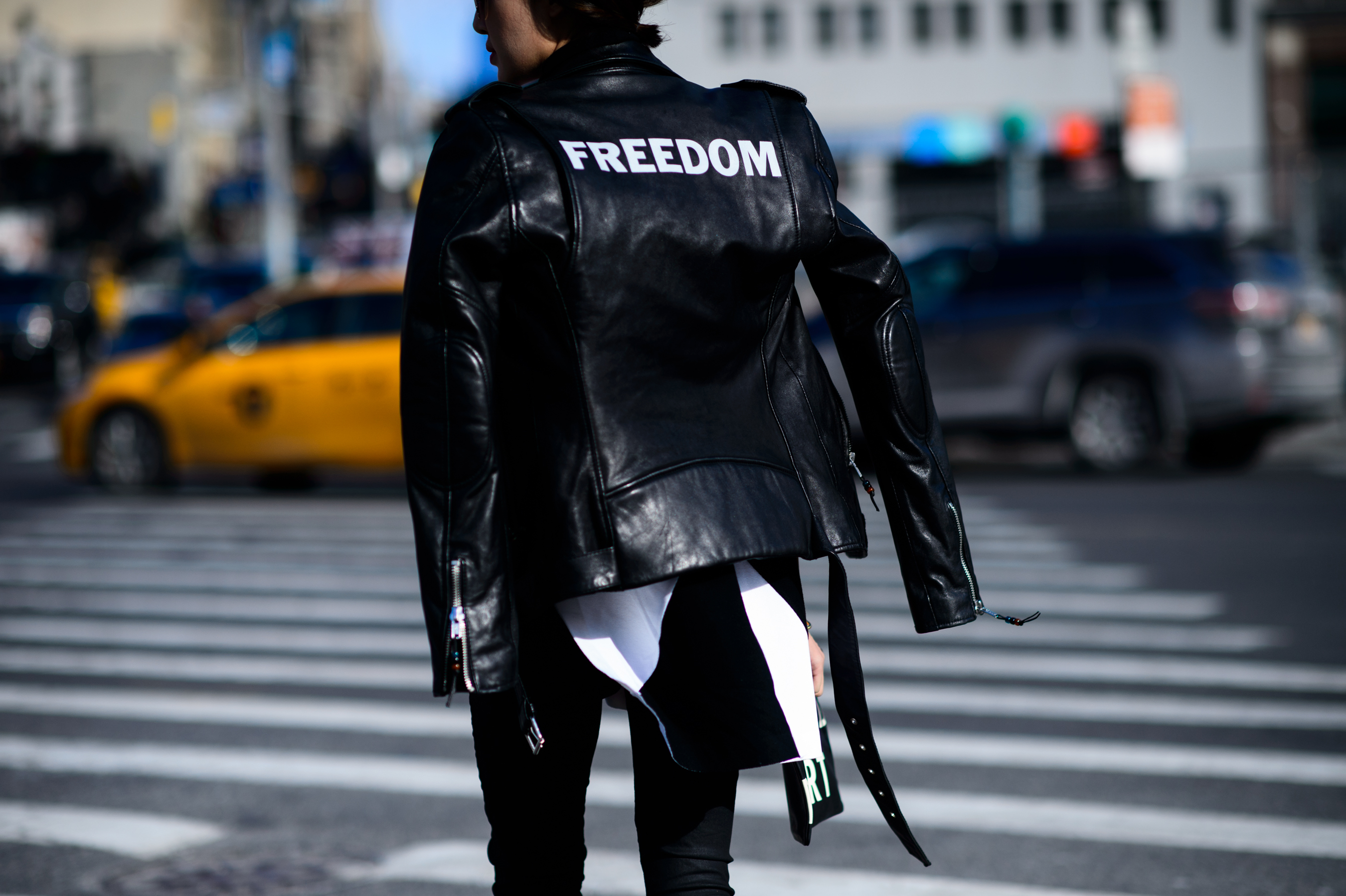 Woman wearing Freedom leather jacket