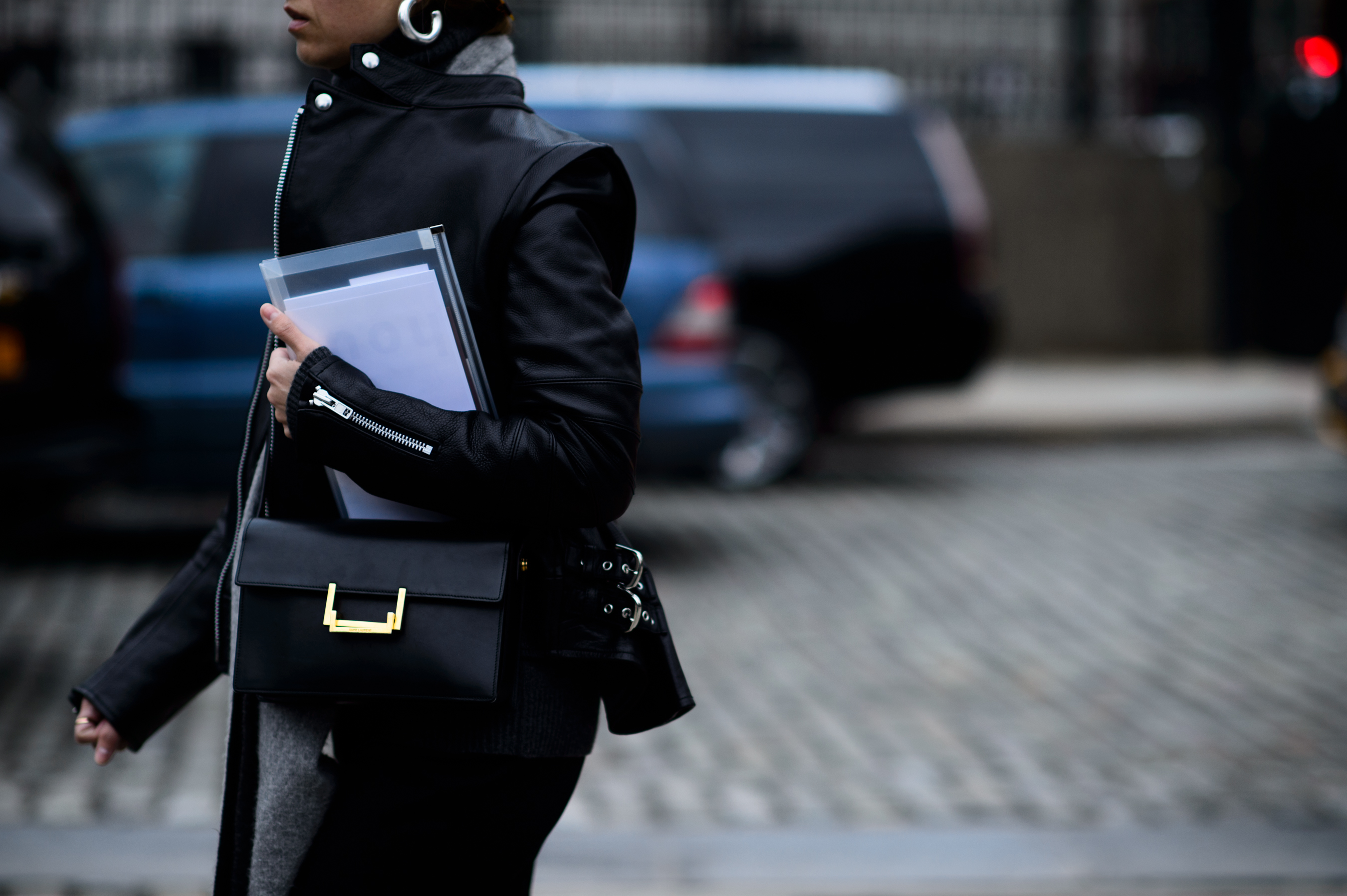 Woman wearing leather jacket