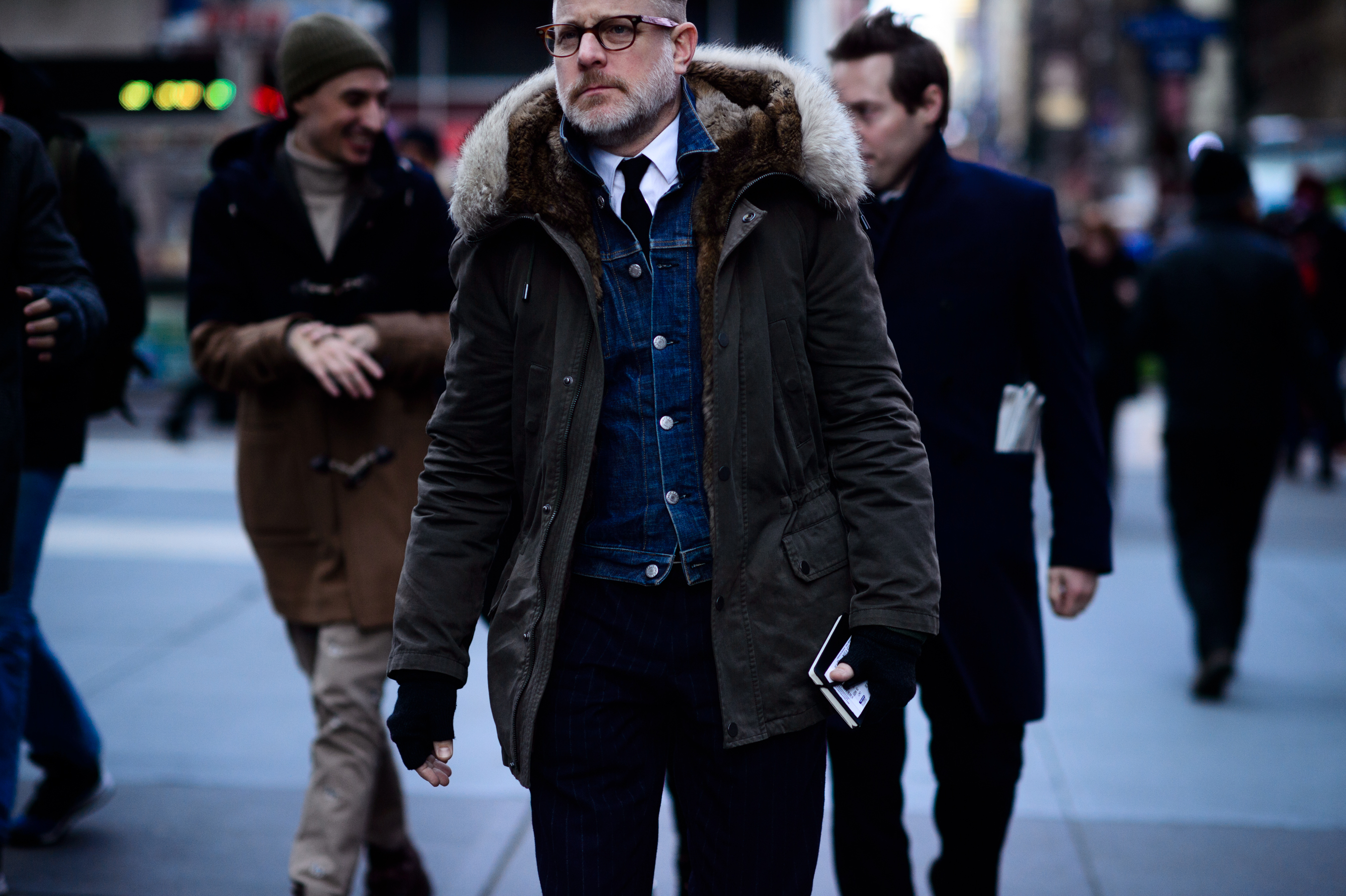 Man wearing denim under parka