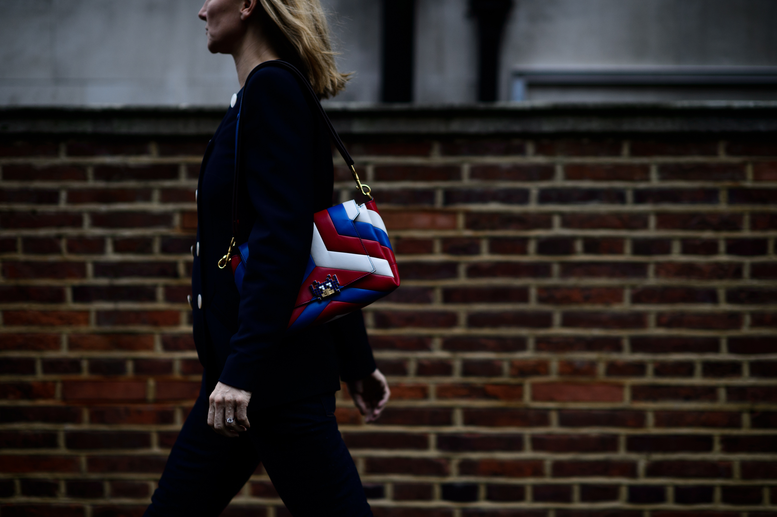 Woman with graphic bag