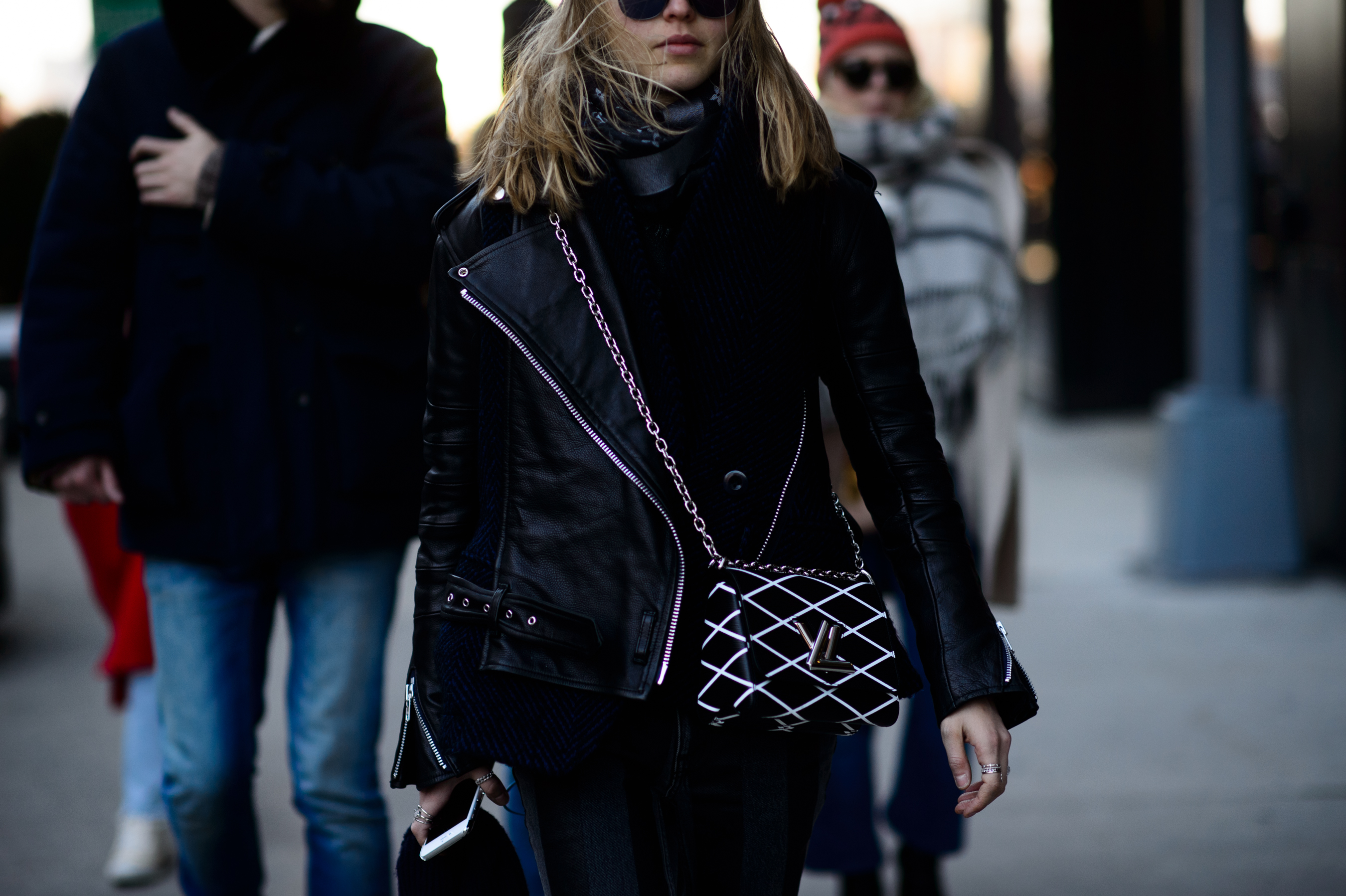Woman wearing leather jacket