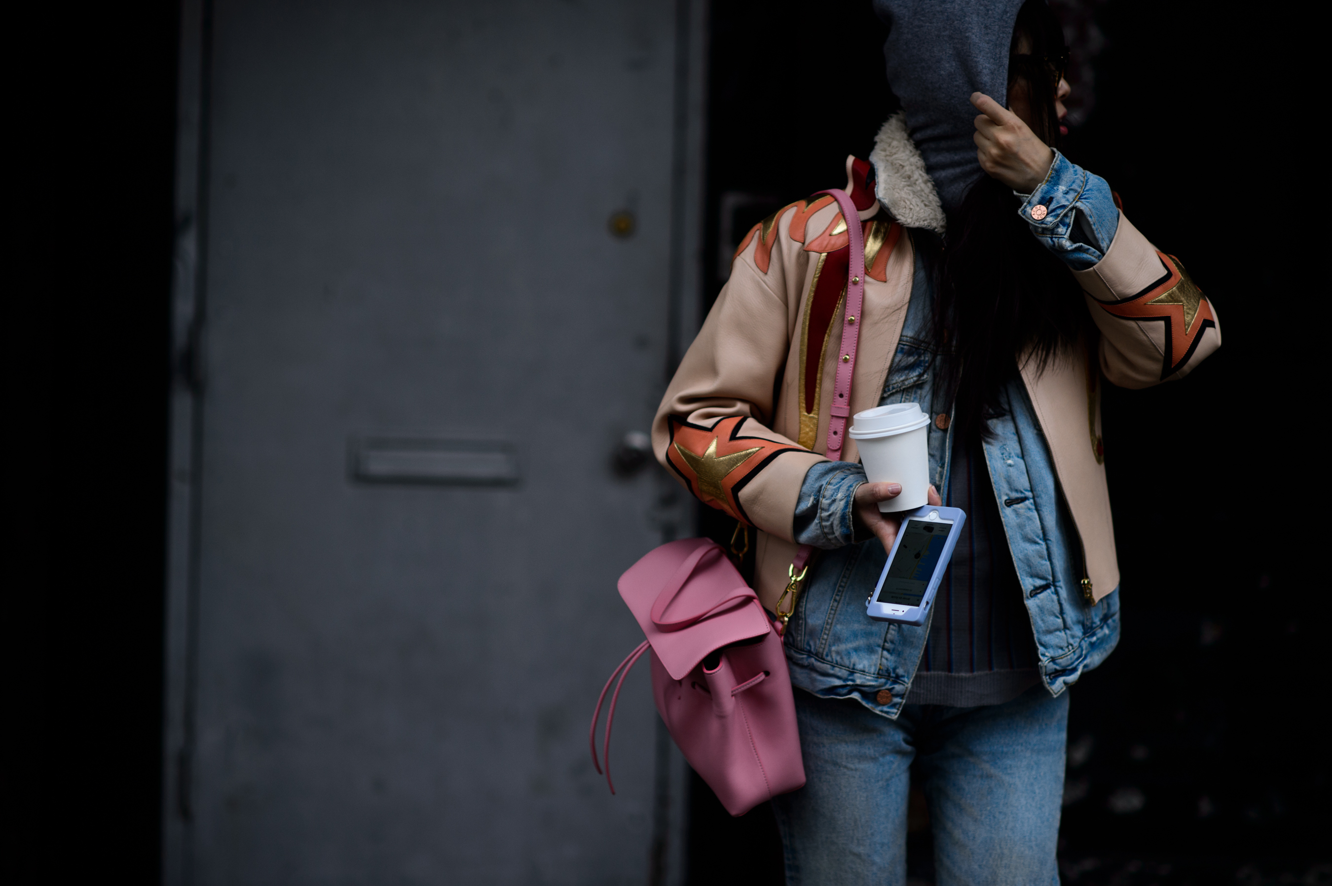 Woman wearing leather jacket