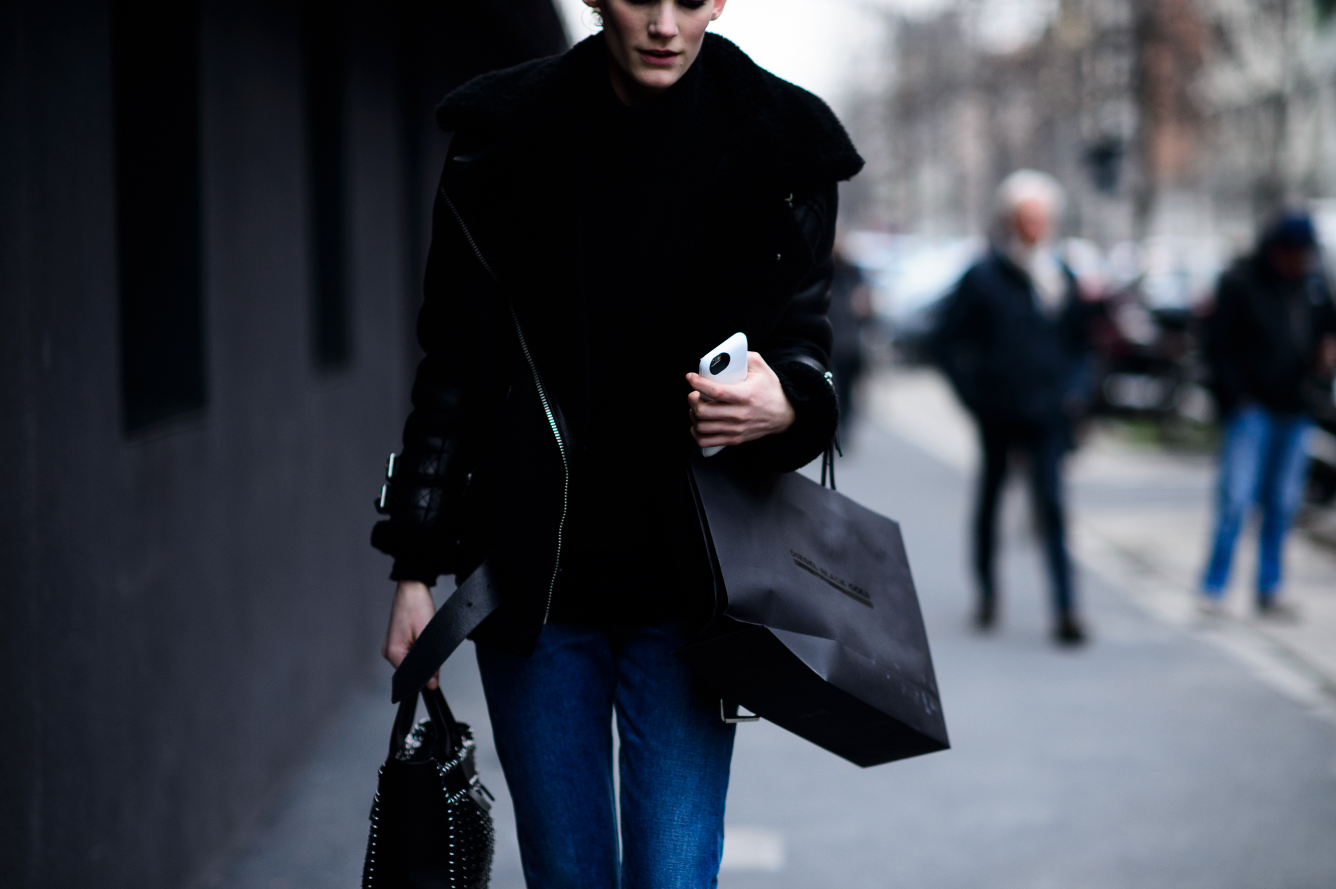 Model wearing Acne shearling coat