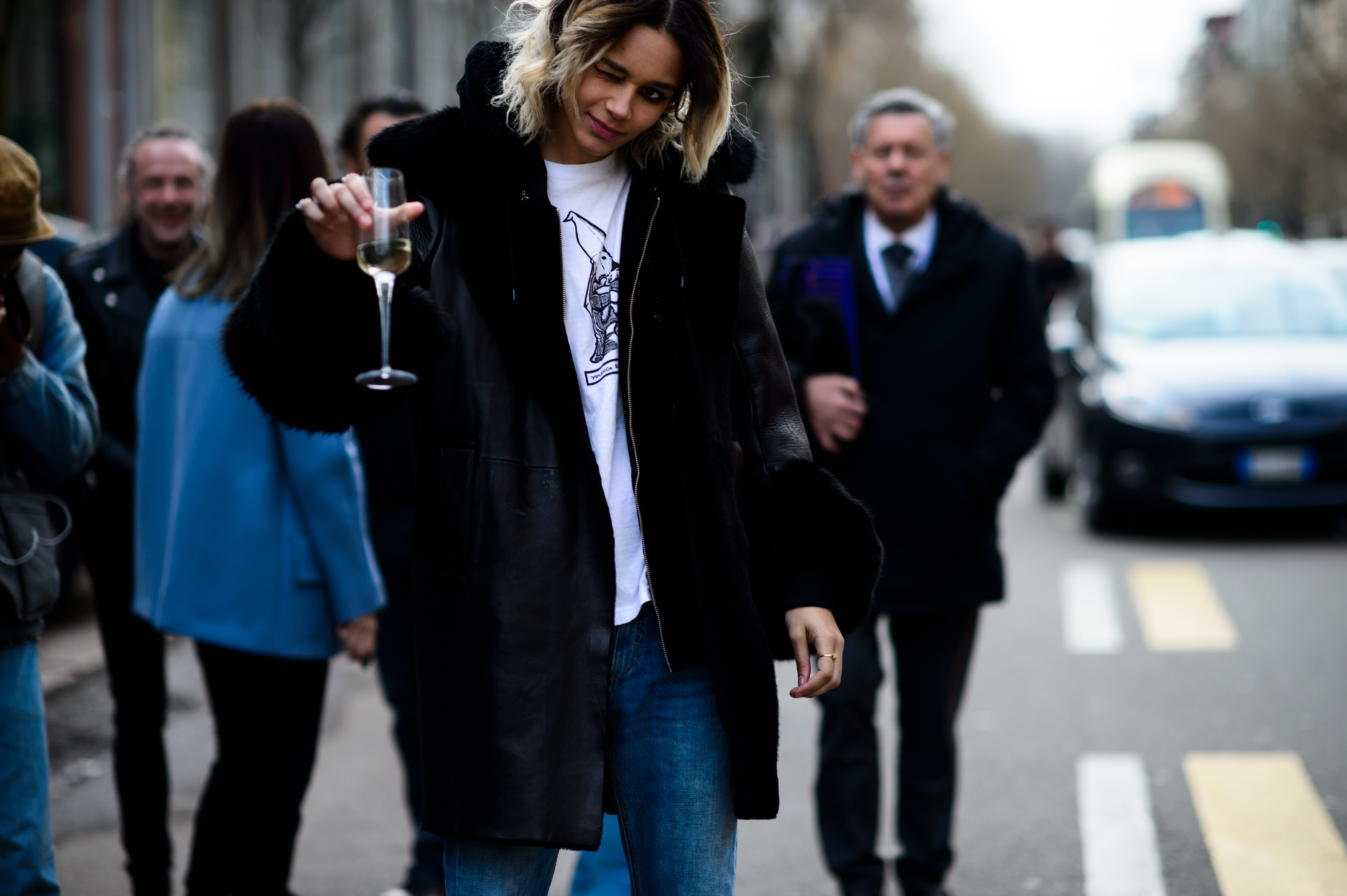 Model wearing black jacket after Fendi