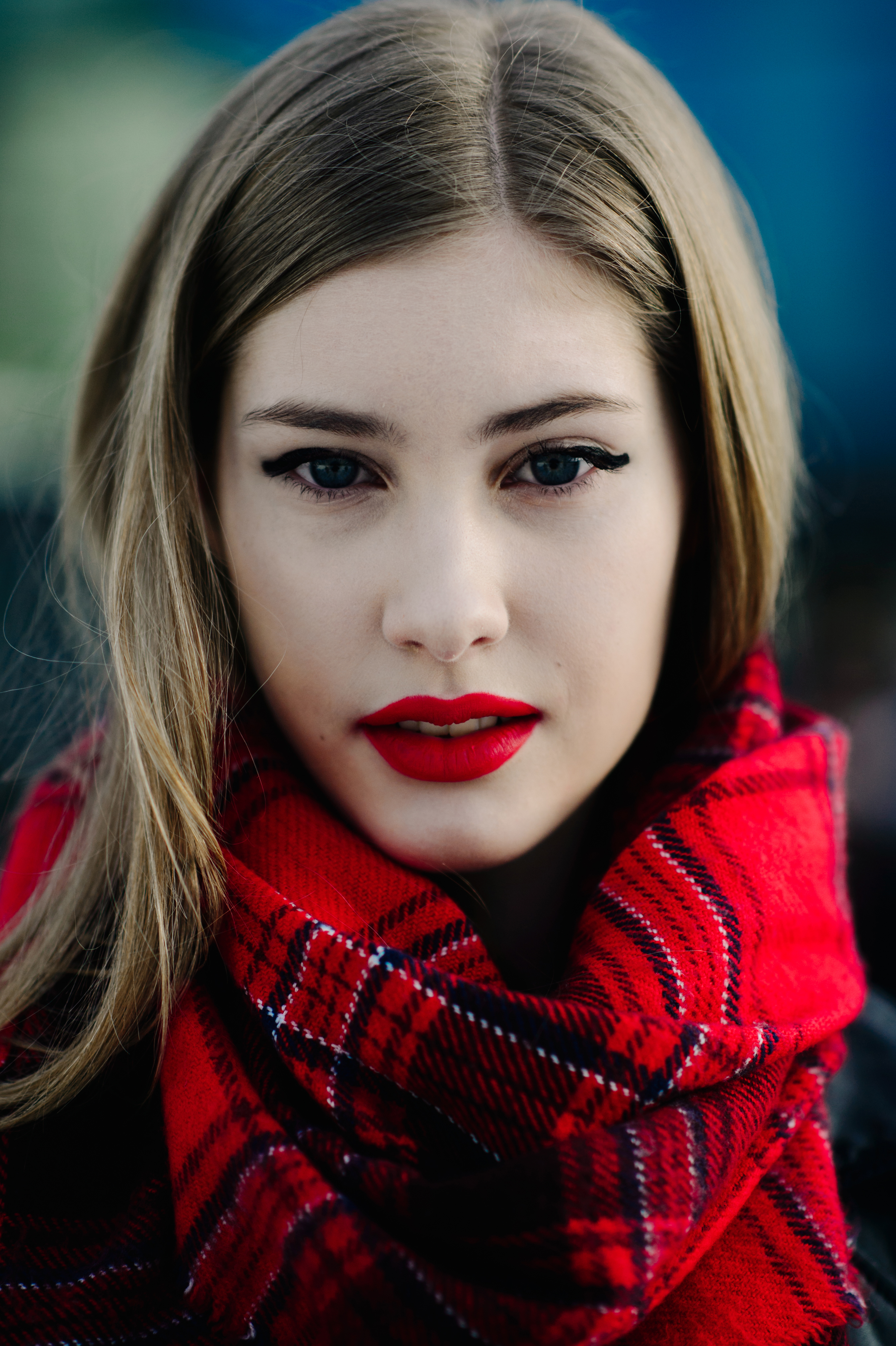 Female model portrait red lips