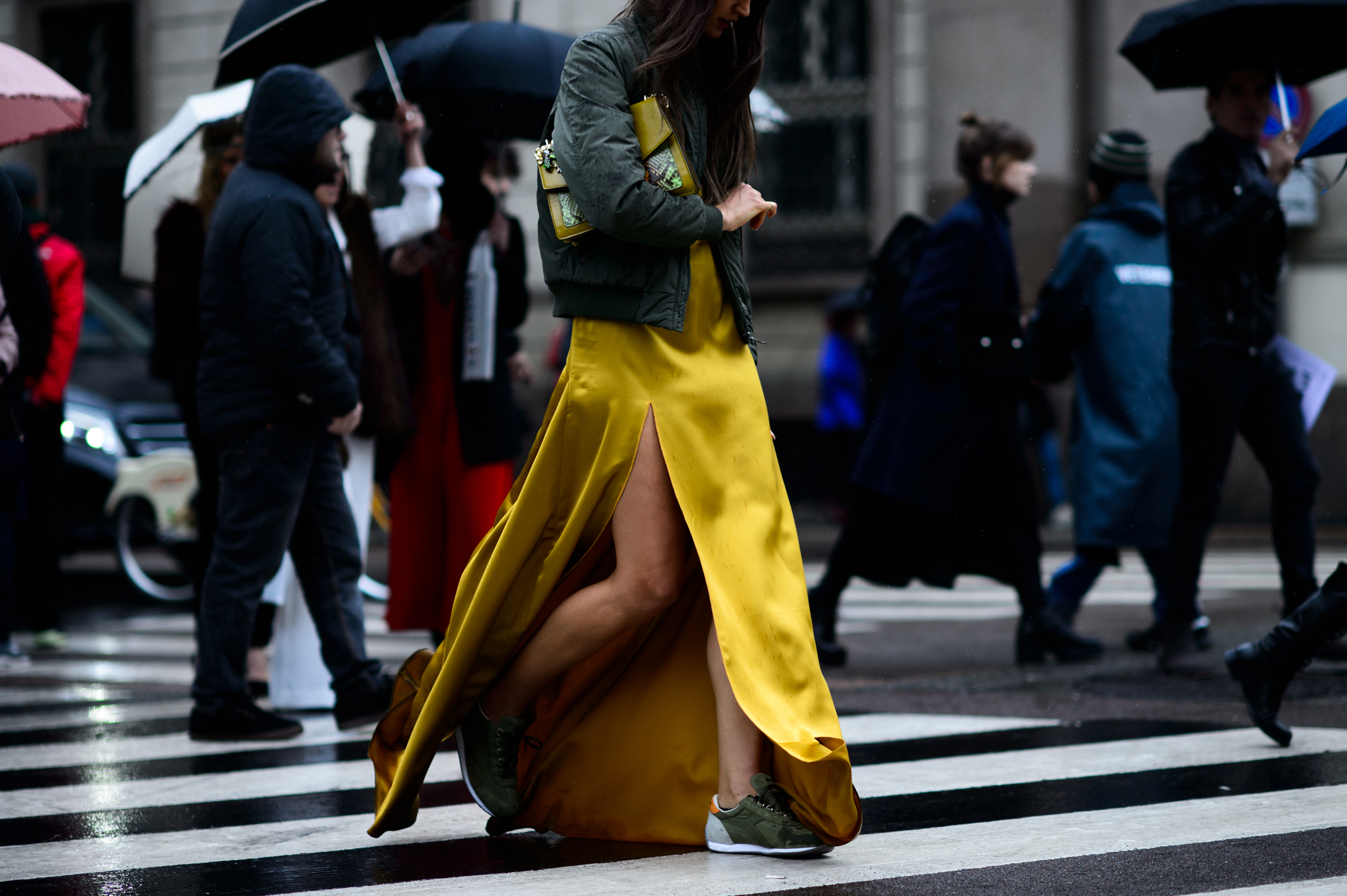 Italian girl wearing mustard colour dress