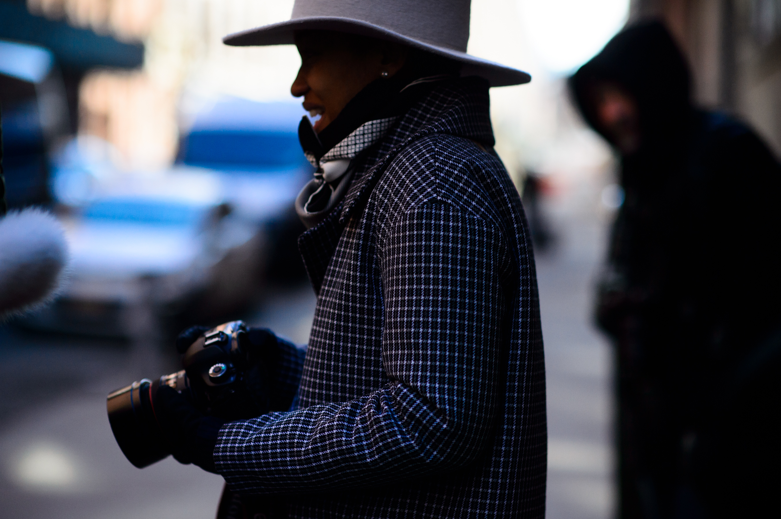 Blogger wearing coat and hat