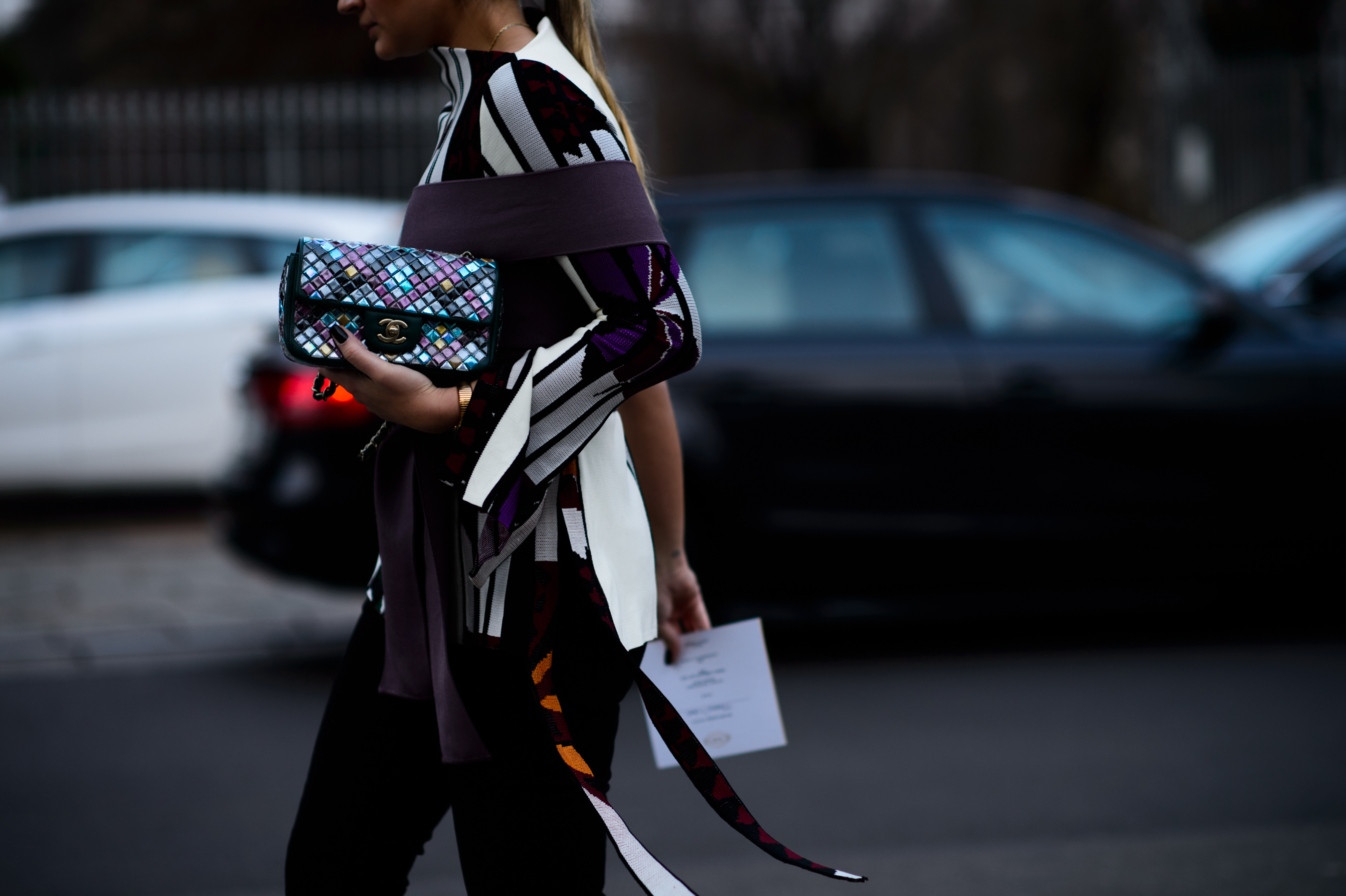 Woman wearing complex top