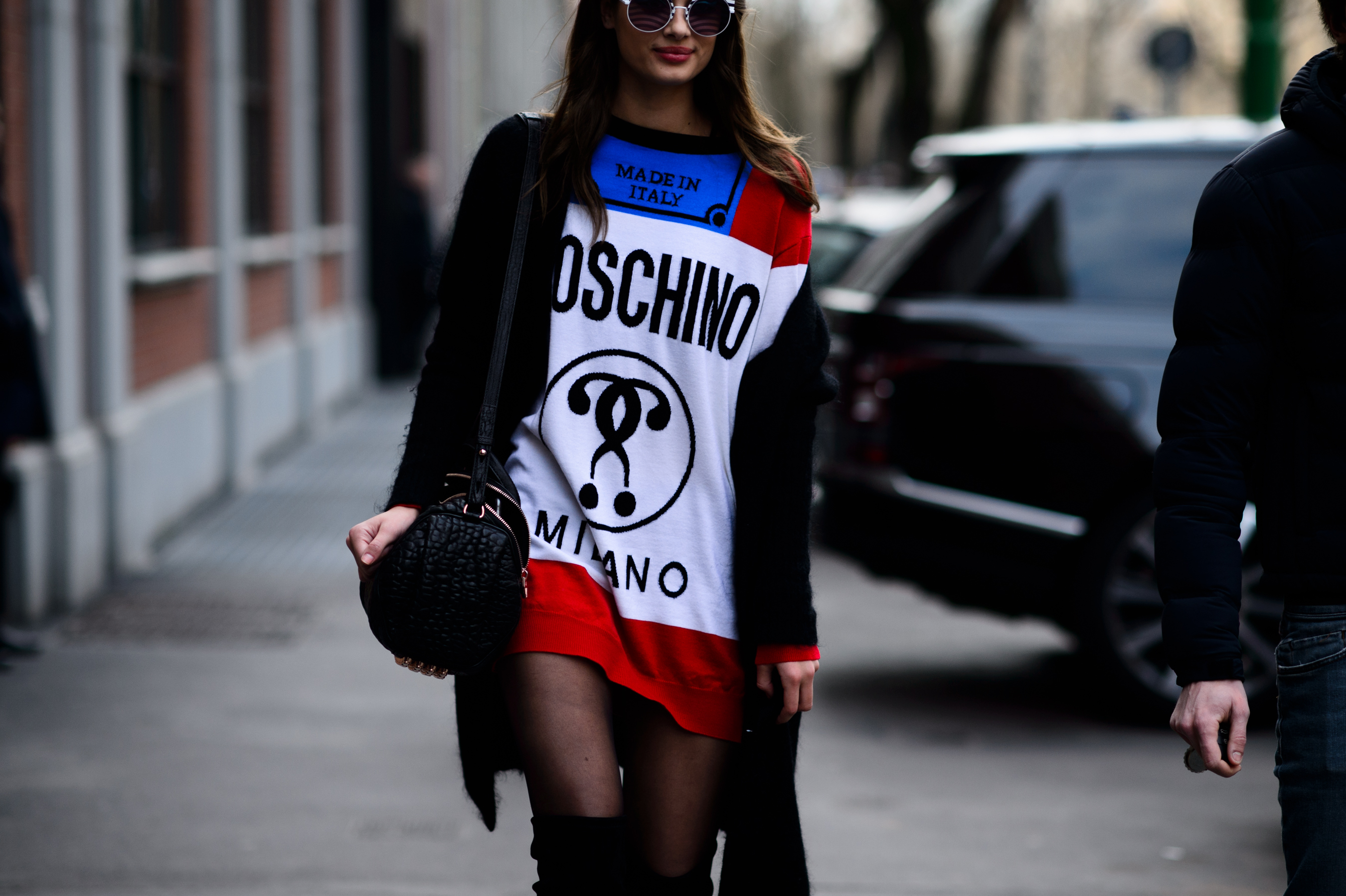 Model wearing Moschino sweater