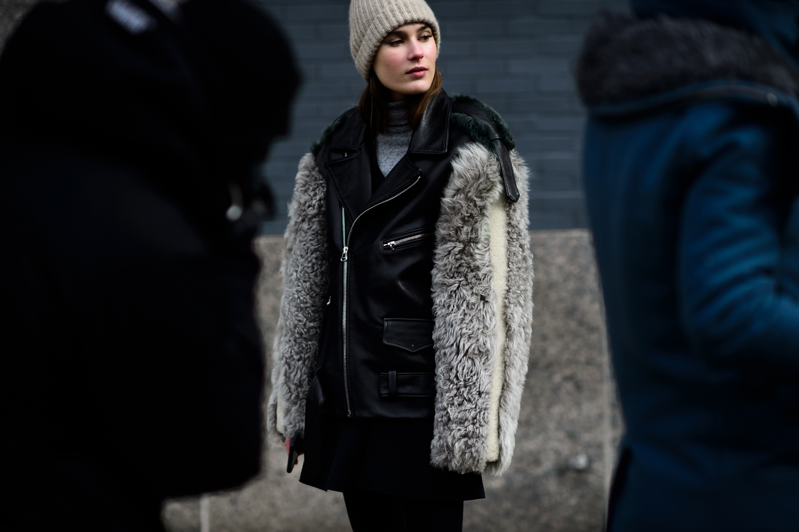 Model wearing jacket furry sleeves