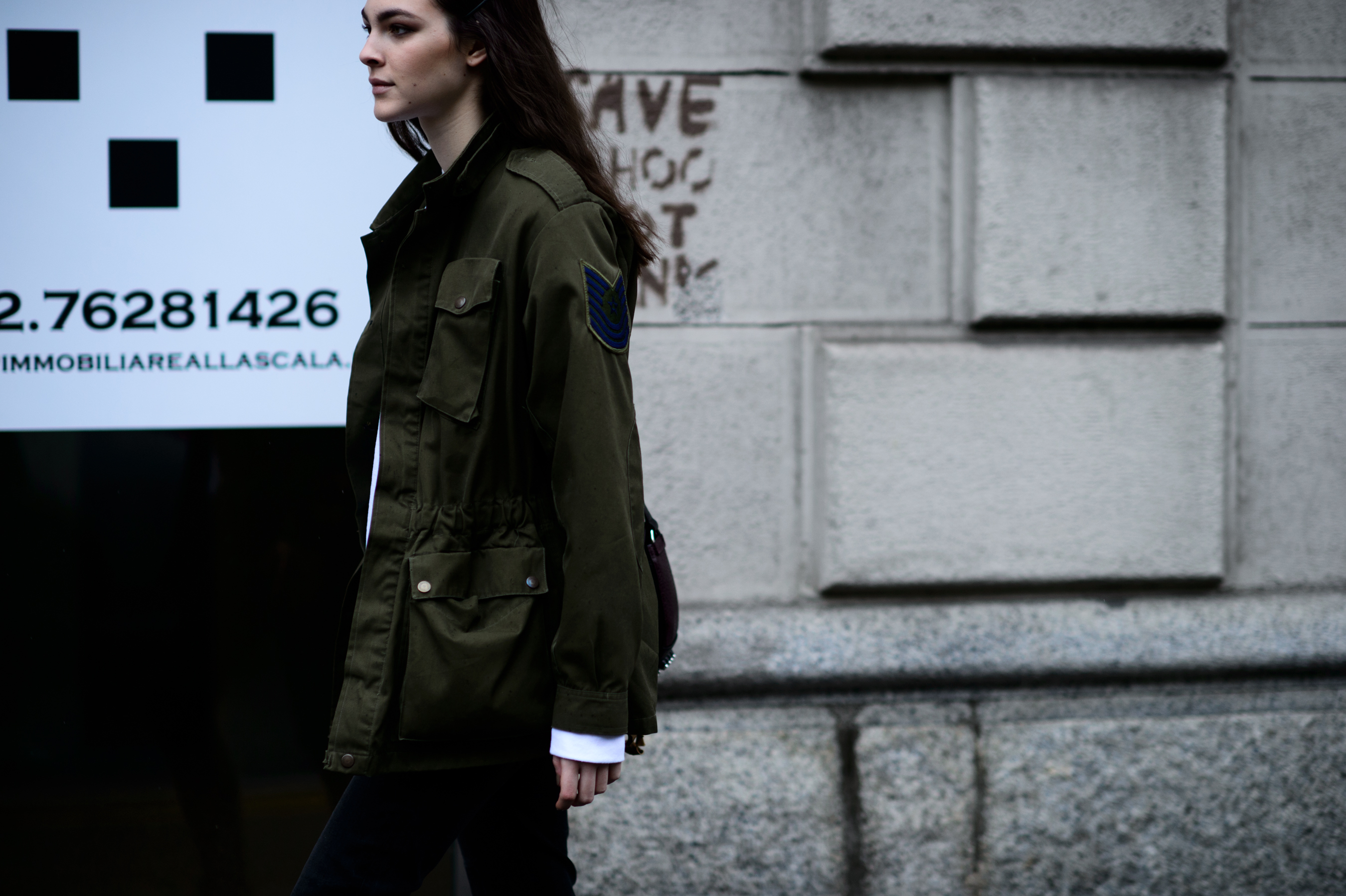 Italian model wearing military parka