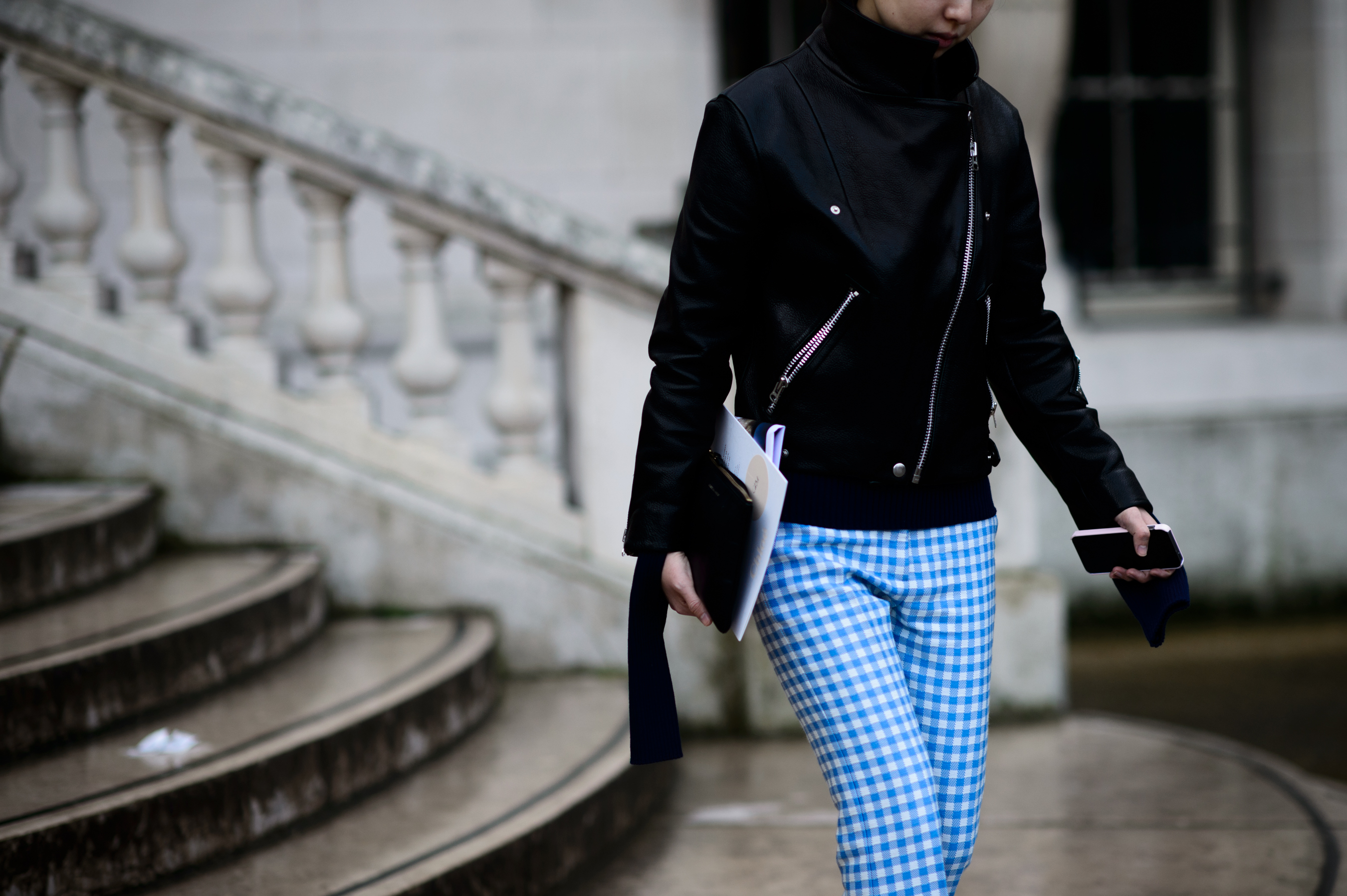 Woman wearing blue Gingham trousers